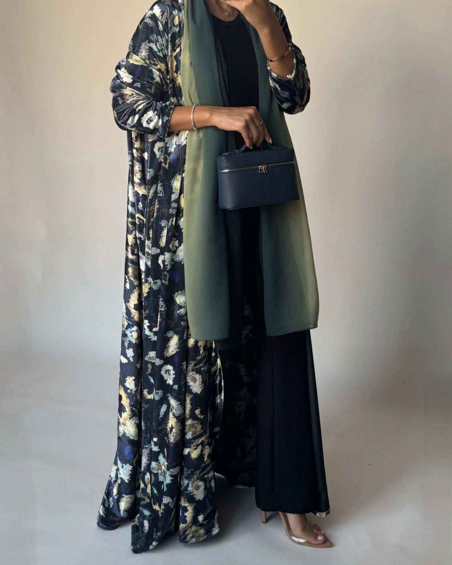 A491 - Blue Pattern Velvet Abaya & Ombre Head Scarf