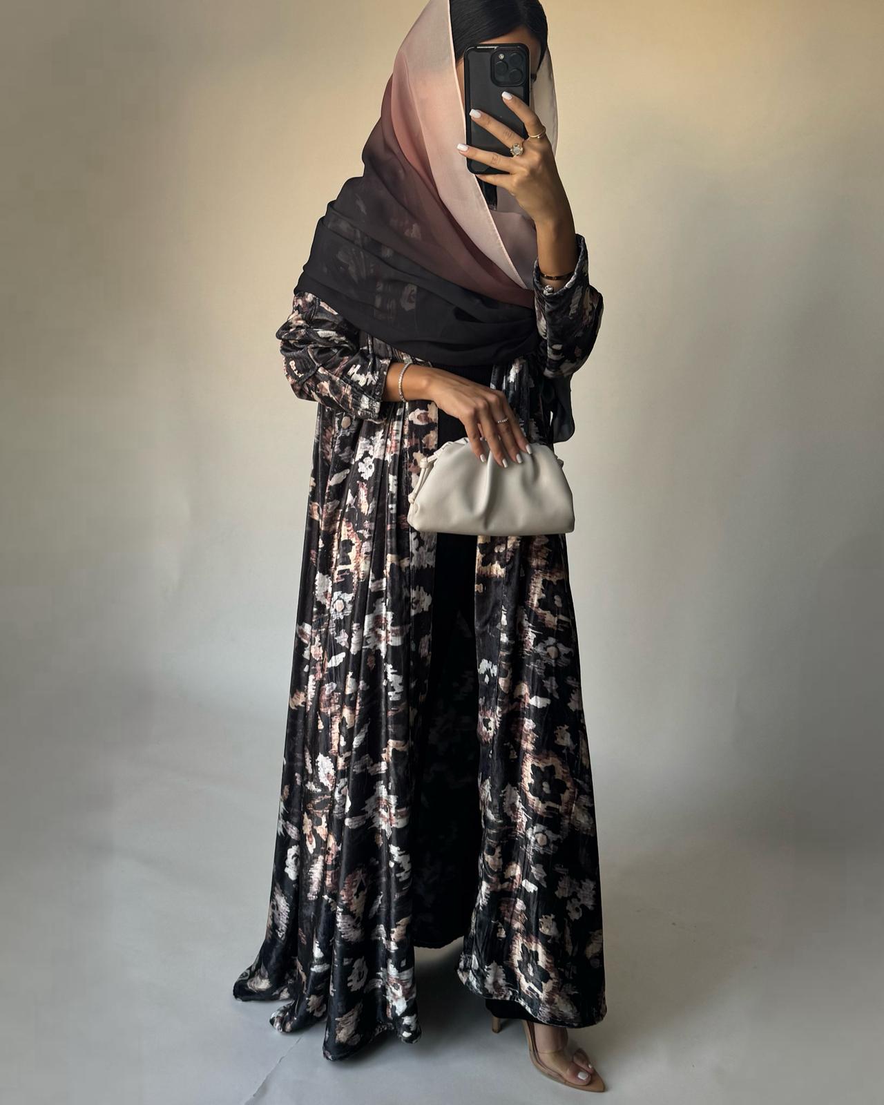 A492 - Gray Pattern Velvet Abaya & Ombre Head Scarf