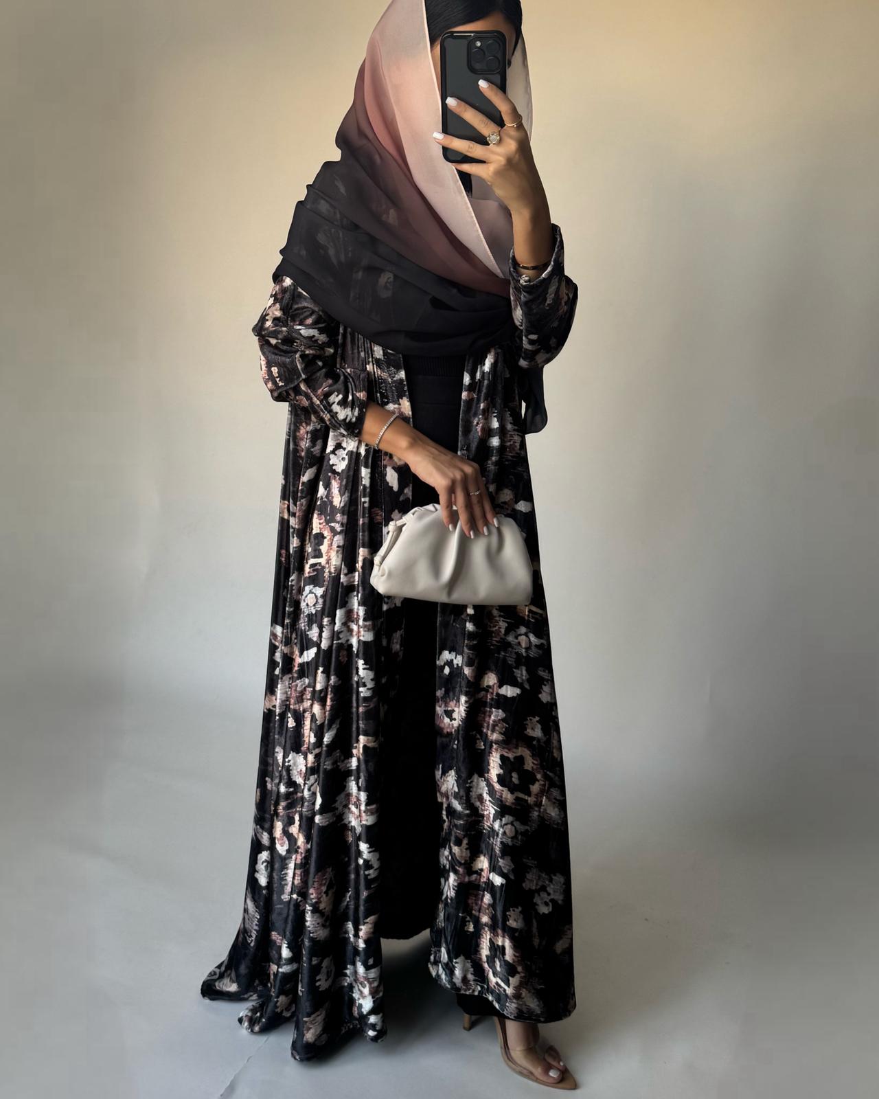 A492 - Gray Pattern Velvet Abaya & Ombre Head Scarf