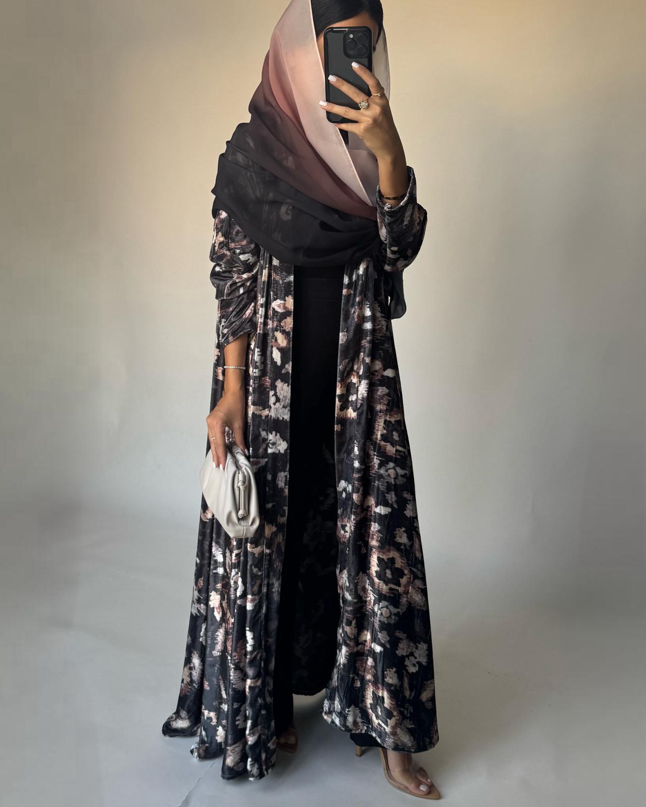 A492 - Gray Pattern Velvet Abaya & Ombre Head Scarf