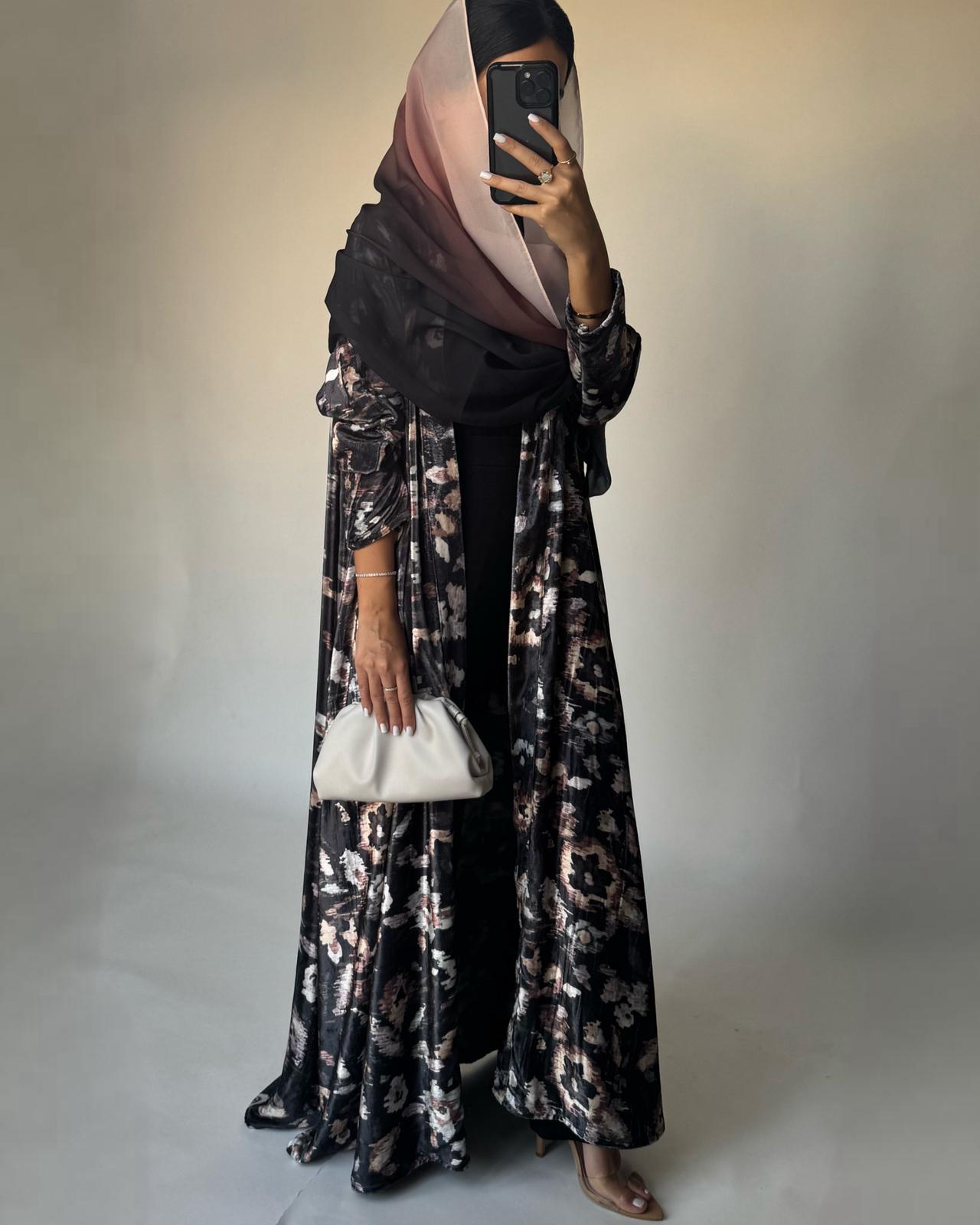 A492 - Gray Pattern Velvet Abaya & Ombre Head Scarf