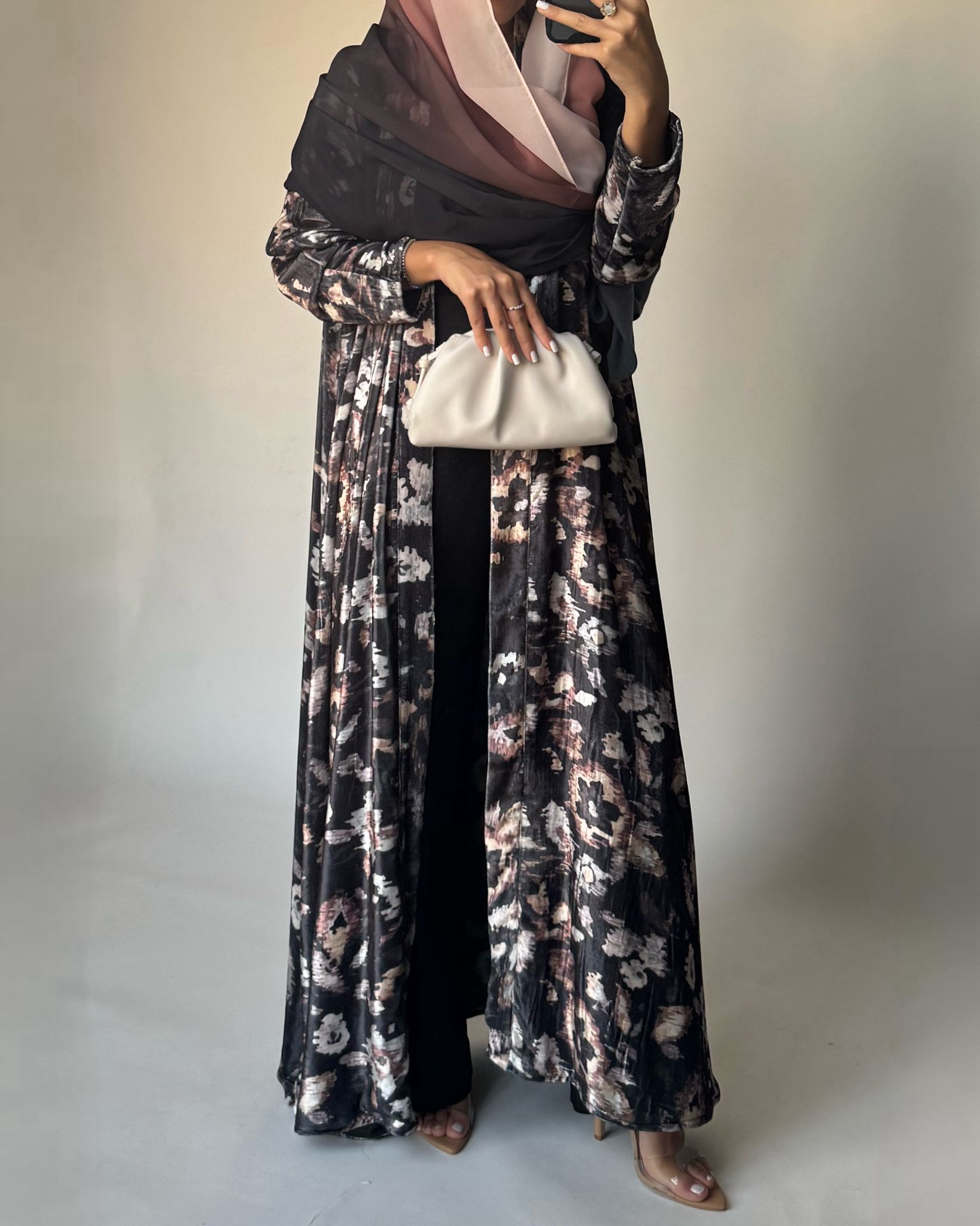 A492 - Gray Pattern Velvet Abaya & Ombre Head Scarf