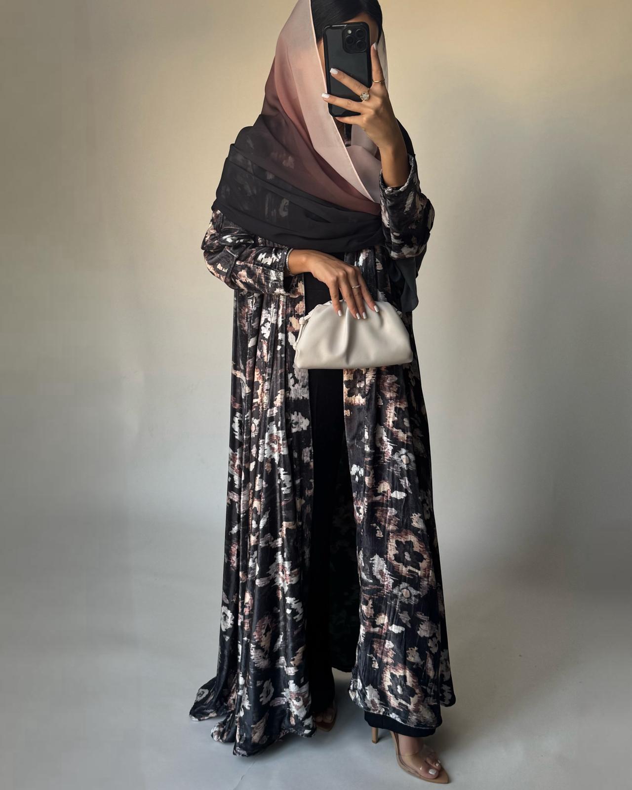 A492 - Gray Pattern Velvet Abaya & Ombre Head Scarf