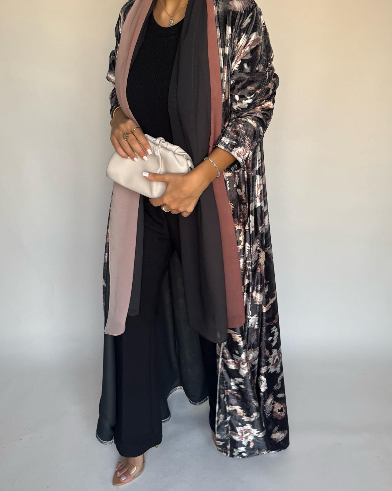A492 - Gray Pattern Velvet Abaya & Ombre Head Scarf