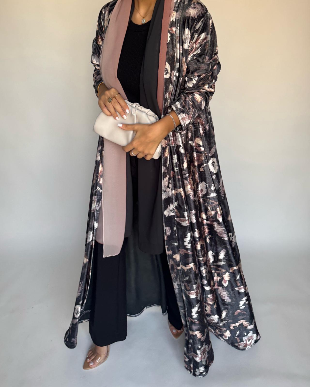 A492 - Gray Pattern Velvet Abaya & Ombre Head Scarf