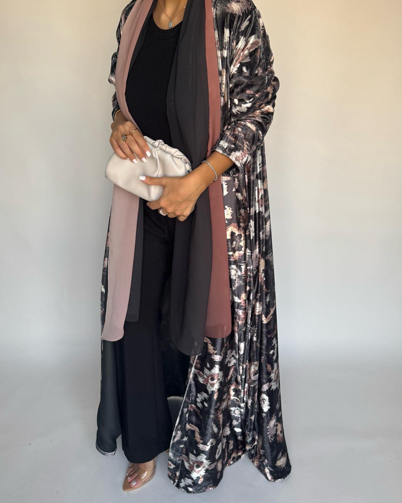A492 - Gray Pattern Velvet Abaya & Ombre Head Scarf