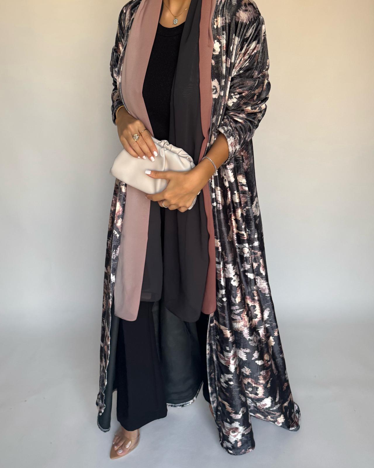 A492 - Gray Pattern Velvet Abaya & Ombre Head Scarf