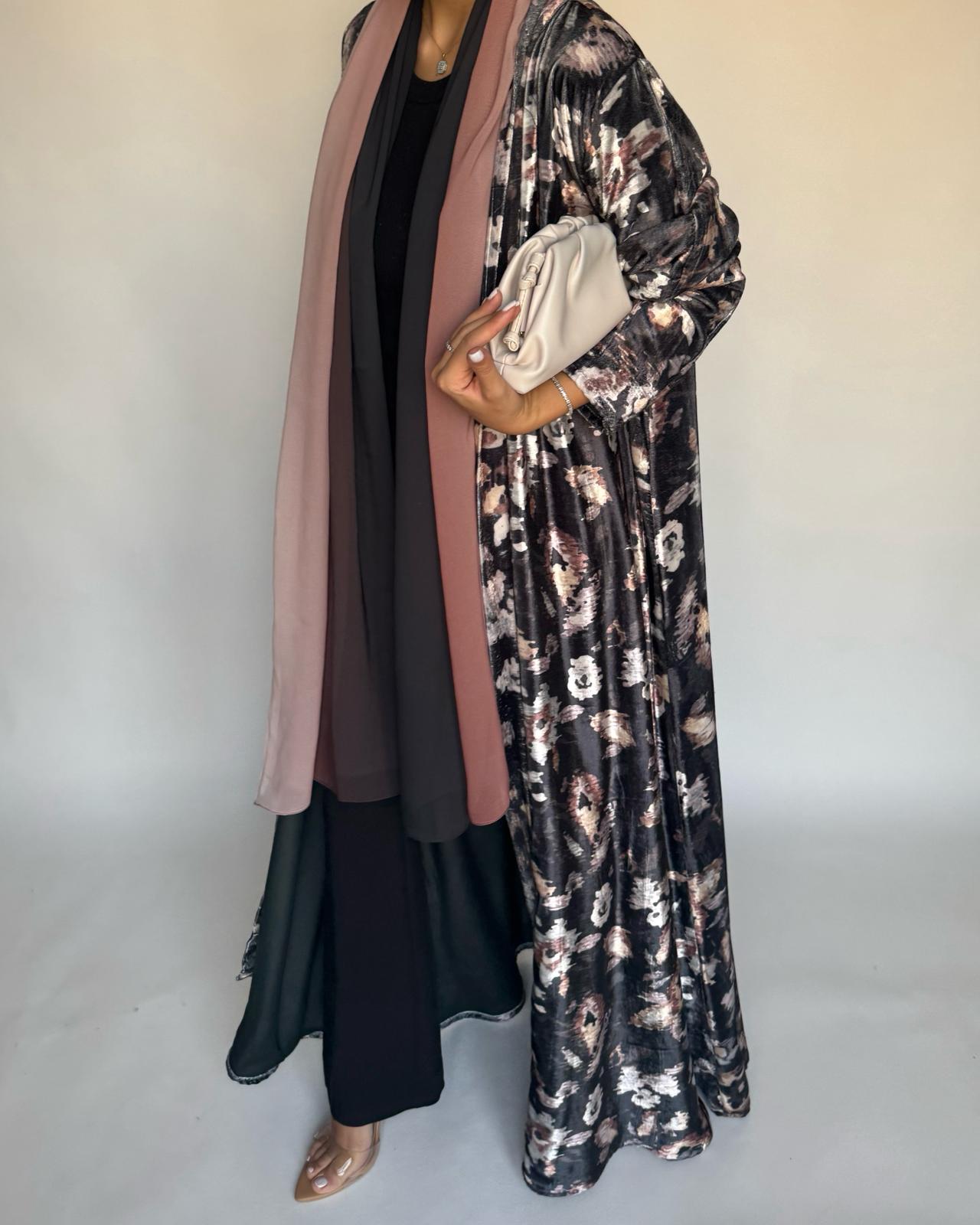 A492 - Gray Pattern Velvet Abaya & Ombre Head Scarf