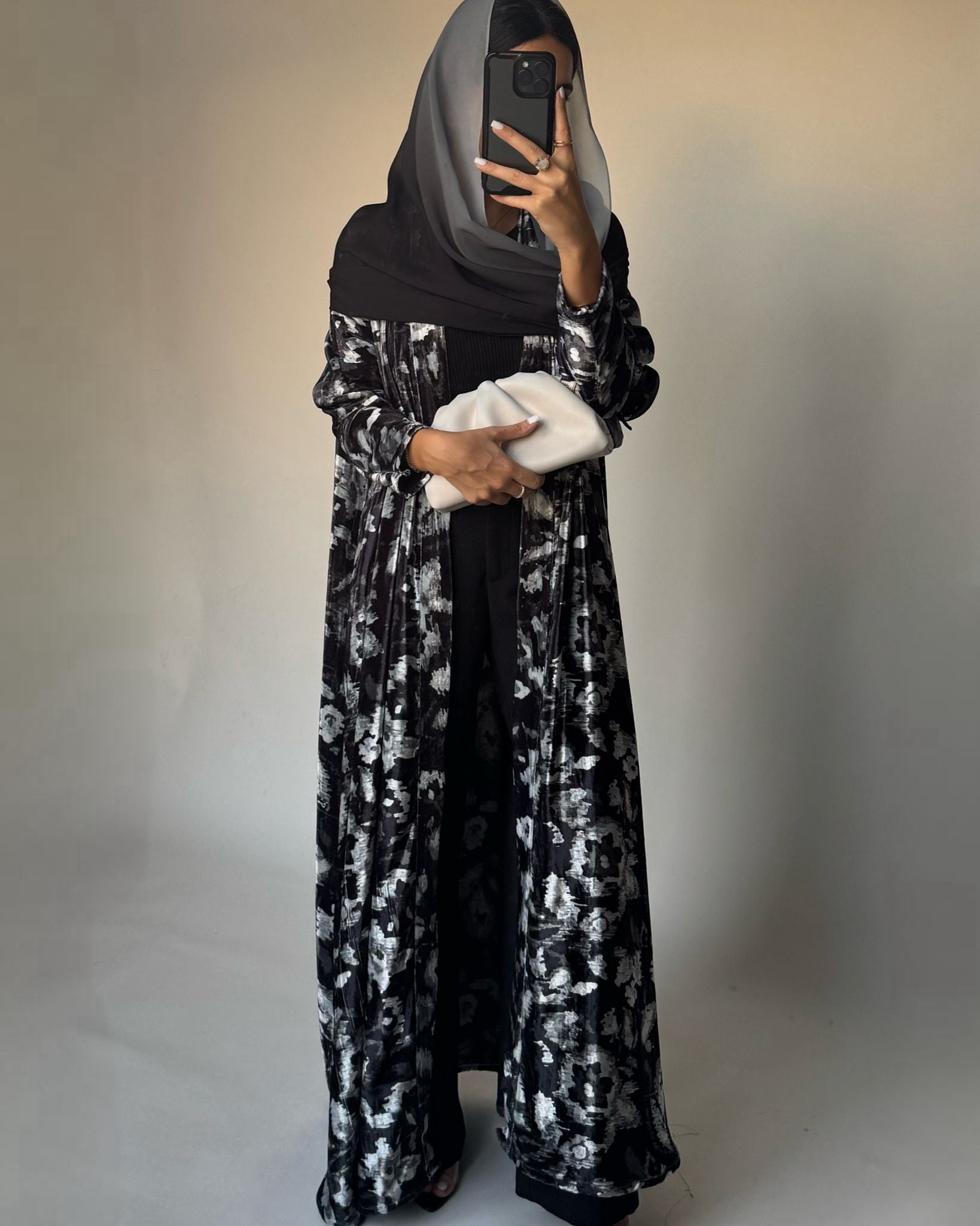 A493 - Black Pattern Velvet Abaya & Ombre Head Scarf