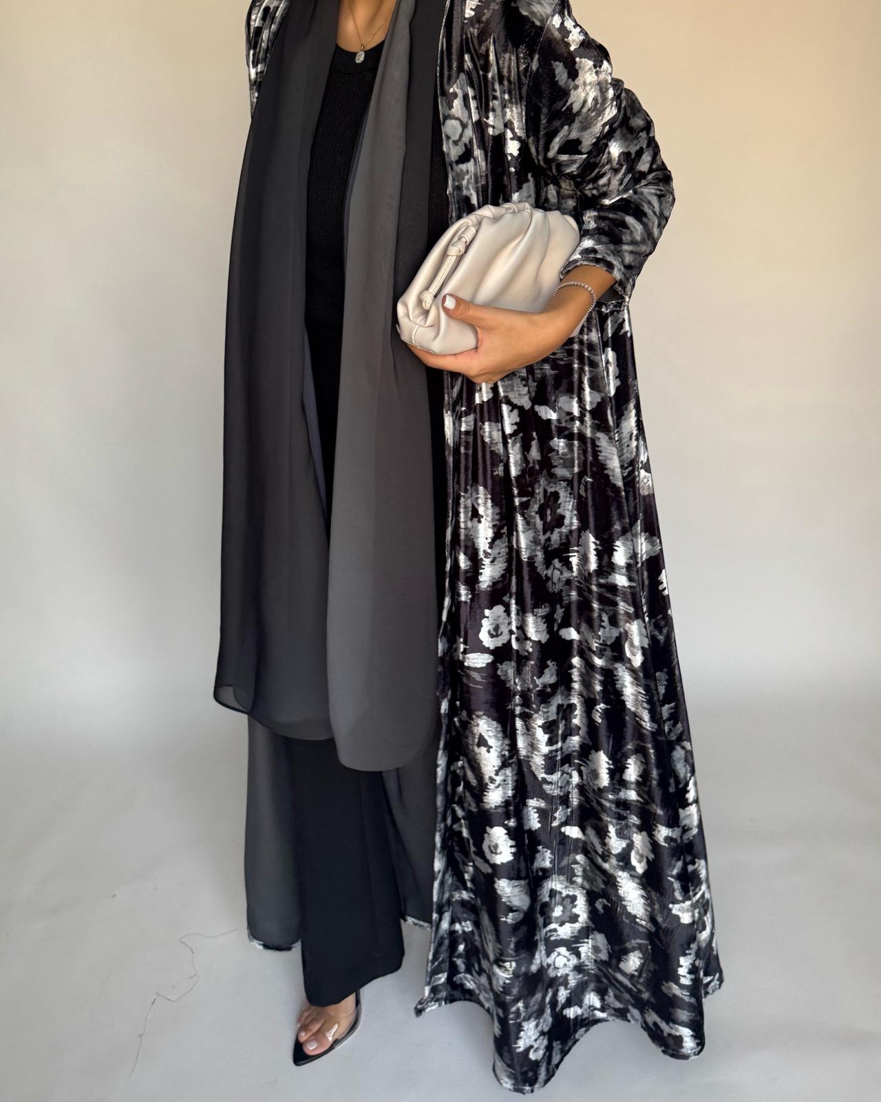 A493 - Black Pattern Velvet Abaya & Ombre Head Scarf