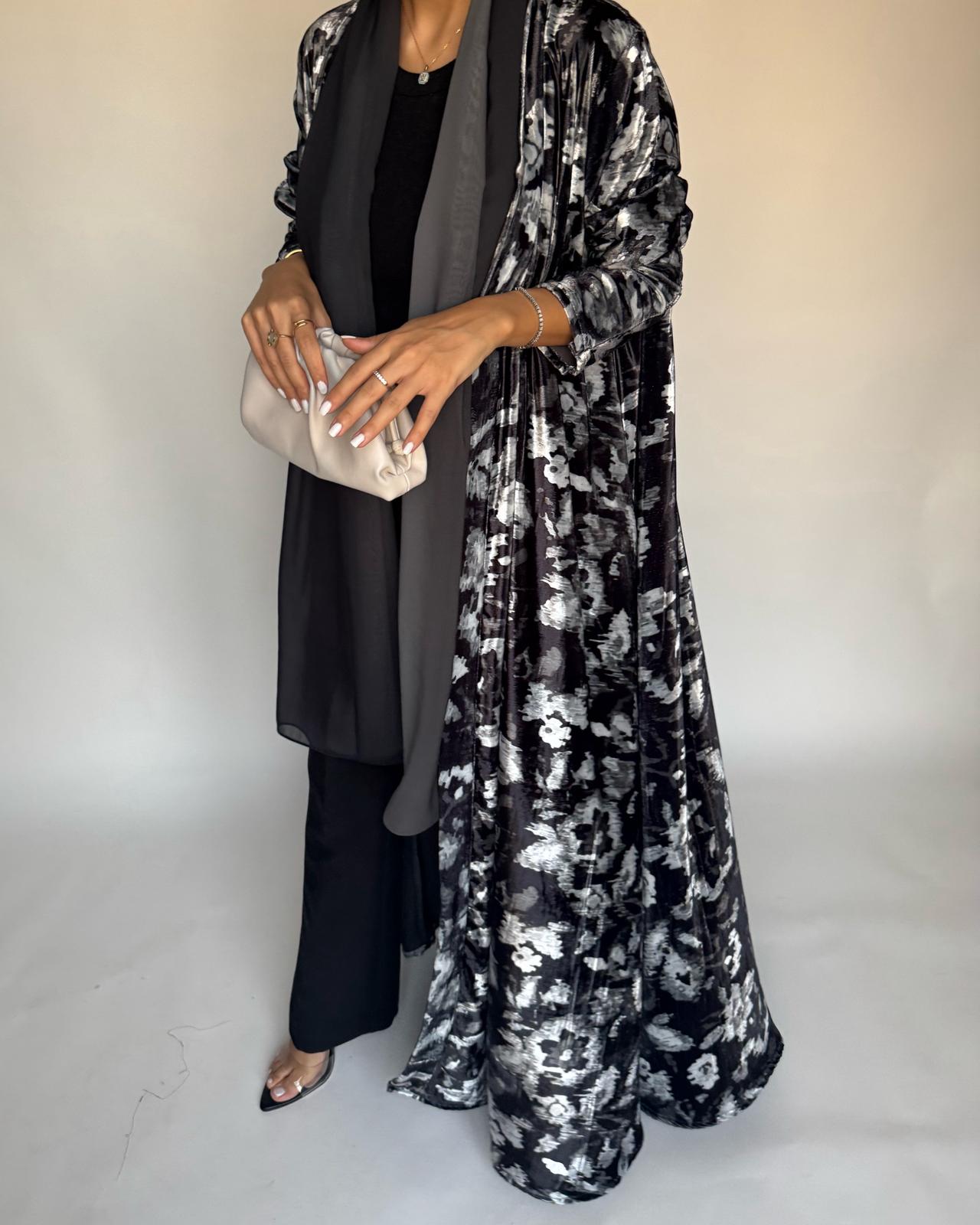 A493 - Black Pattern Velvet Abaya & Ombre Head Scarf