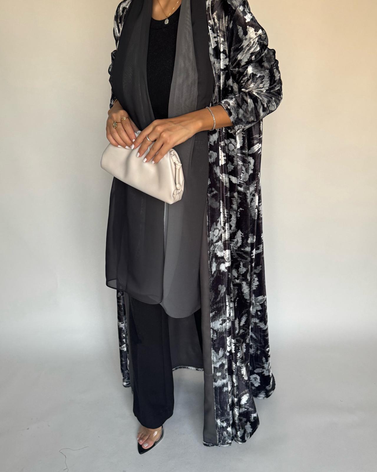 A493 - Black Pattern Velvet Abaya & Ombre Head Scarf