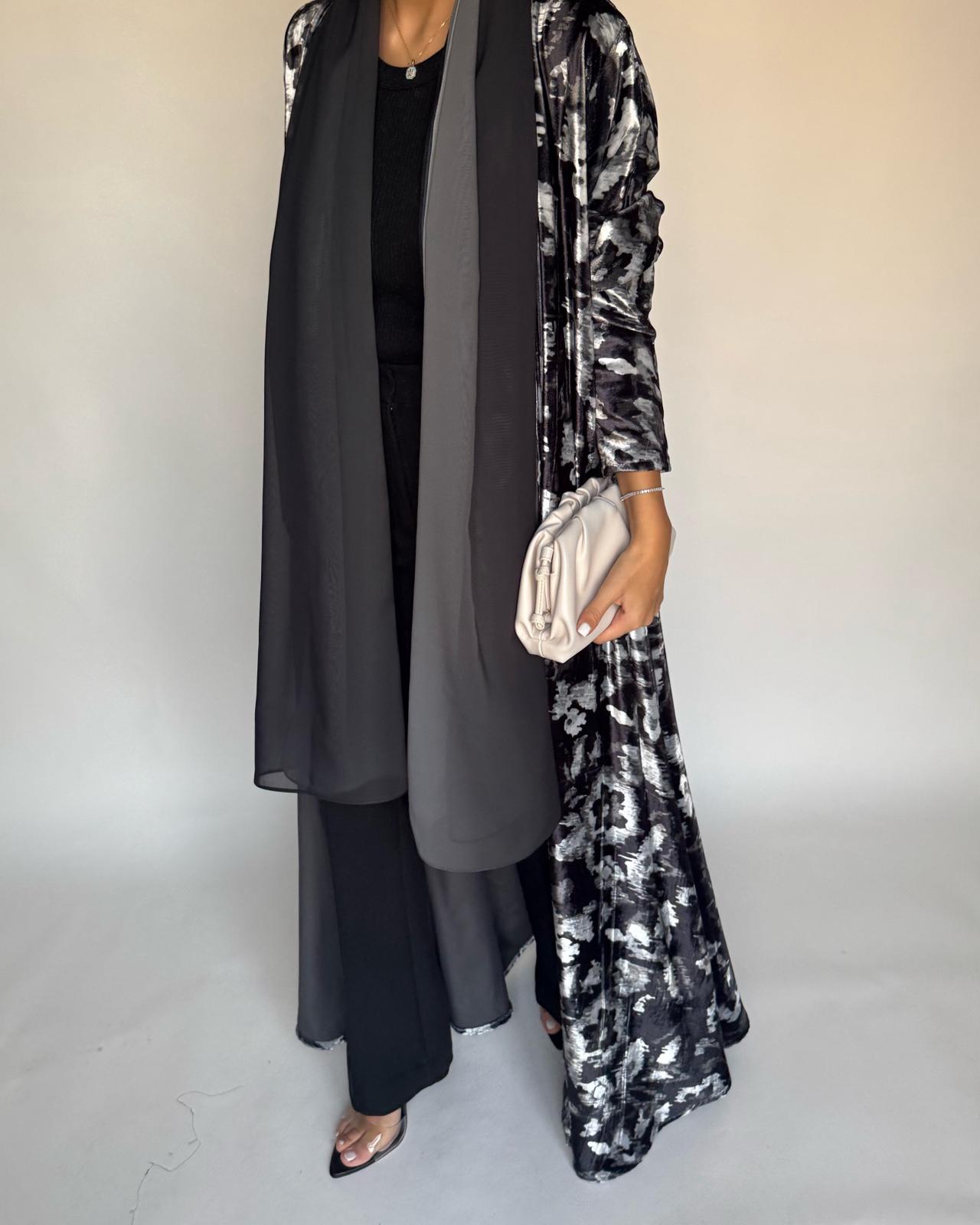 A493 - Black Pattern Velvet Abaya & Ombre Head Scarf
