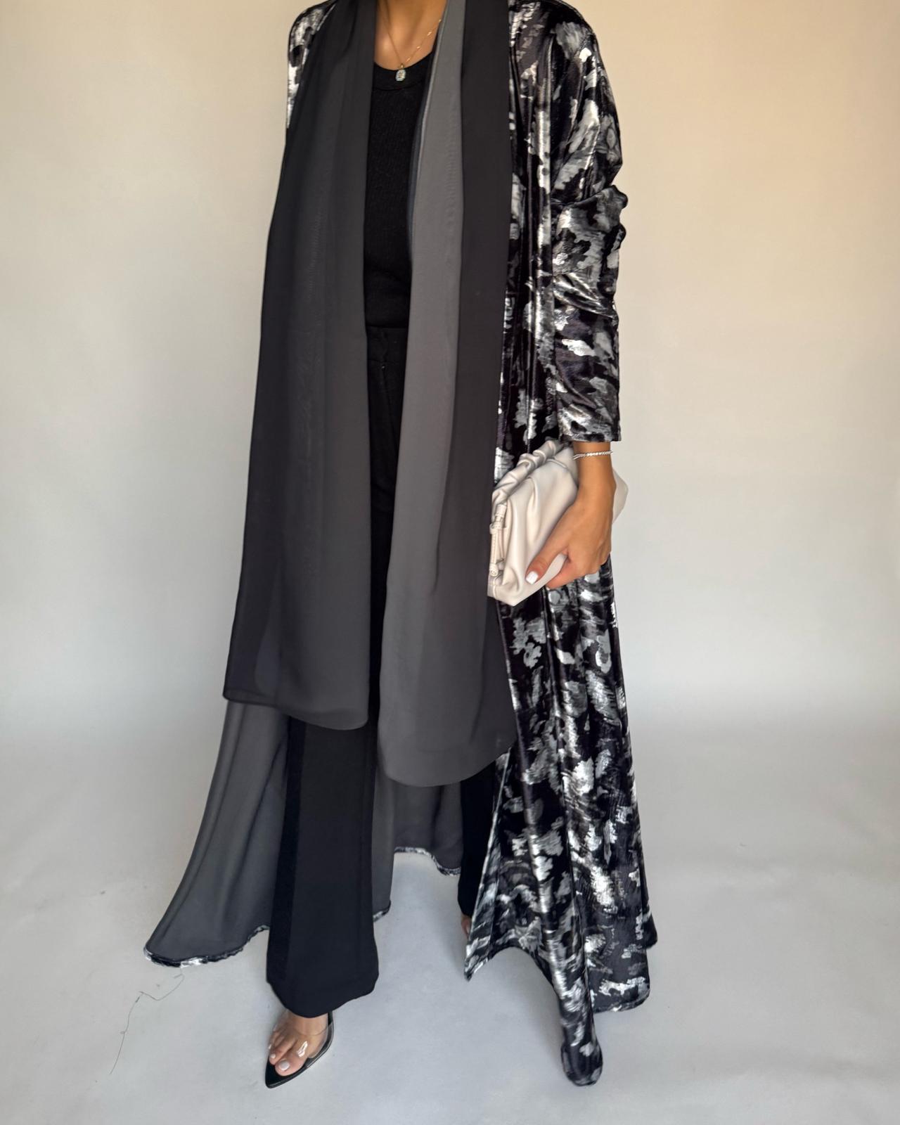 A493 - Black Pattern Velvet Abaya & Ombre Head Scarf