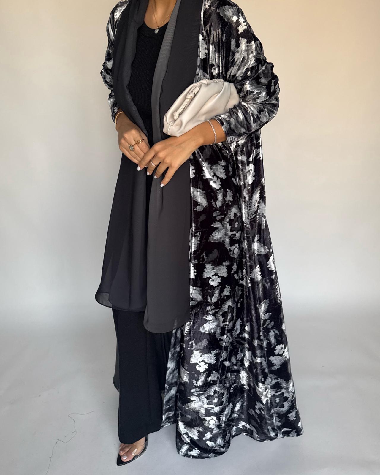 A493 - Black Pattern Velvet Abaya & Ombre Head Scarf
