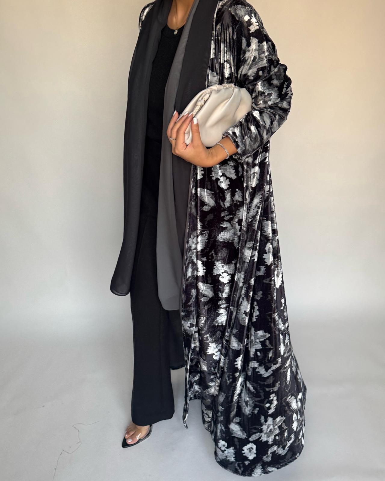 A493 - Black Pattern Velvet Abaya & Ombre Head Scarf