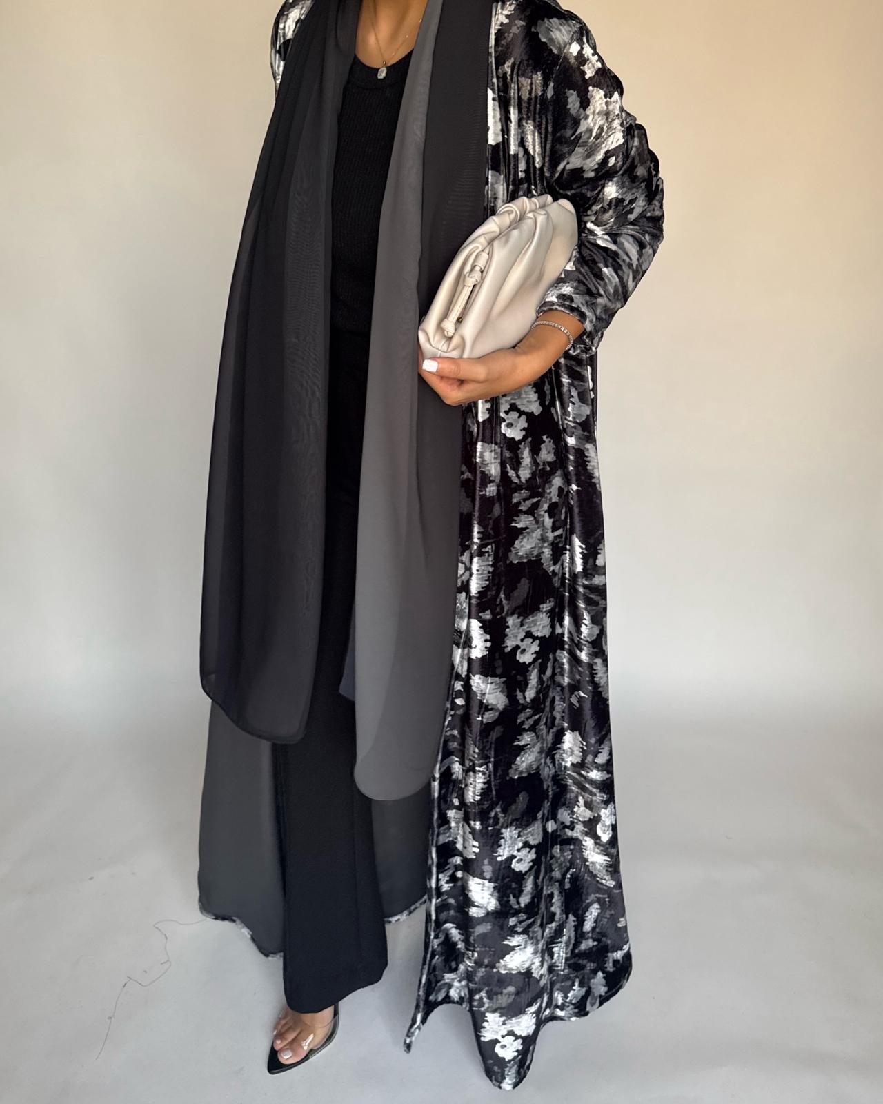 A493 - Black Pattern Velvet Abaya & Ombre Head Scarf