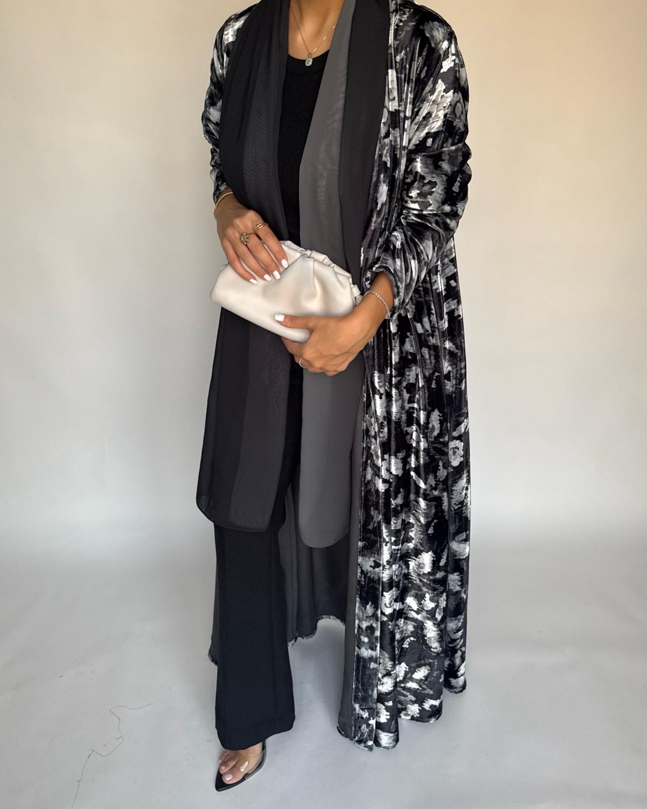 A493 - Black Pattern Velvet Abaya & Ombre Head Scarf