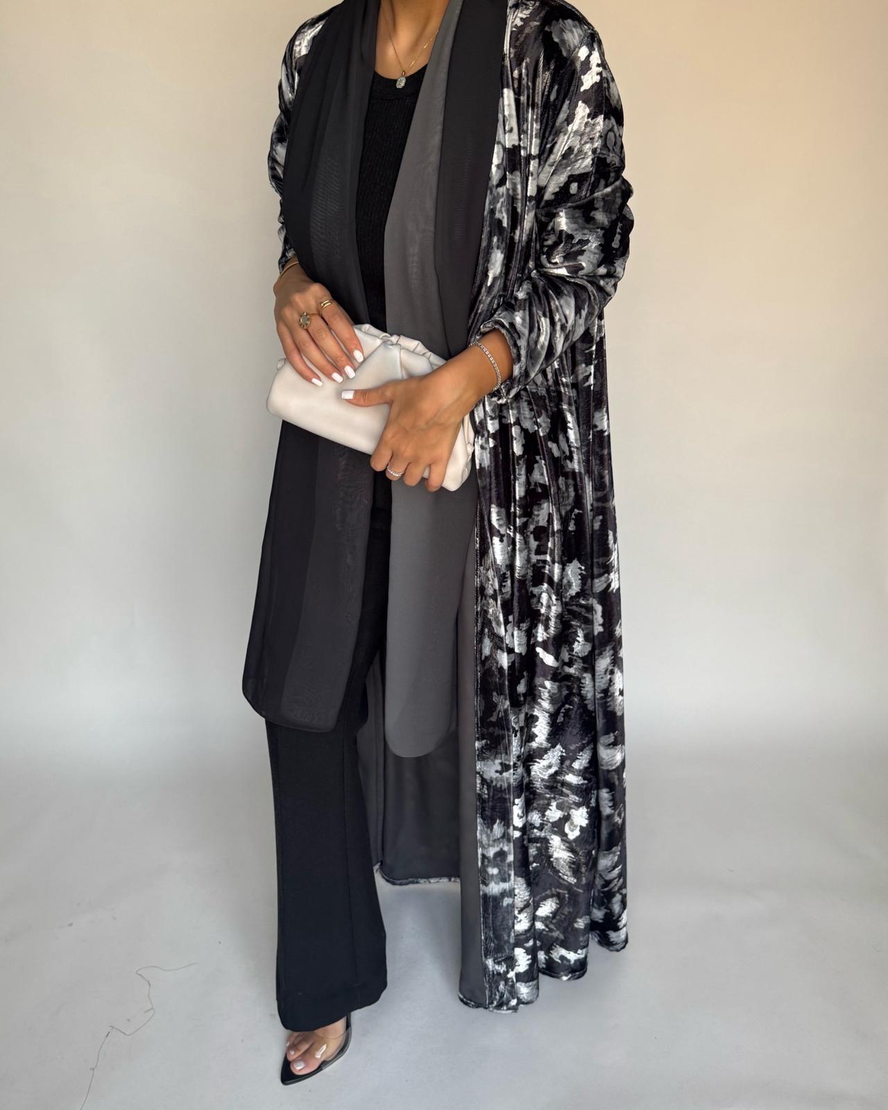 A493 - Black Pattern Velvet Abaya & Ombre Head Scarf