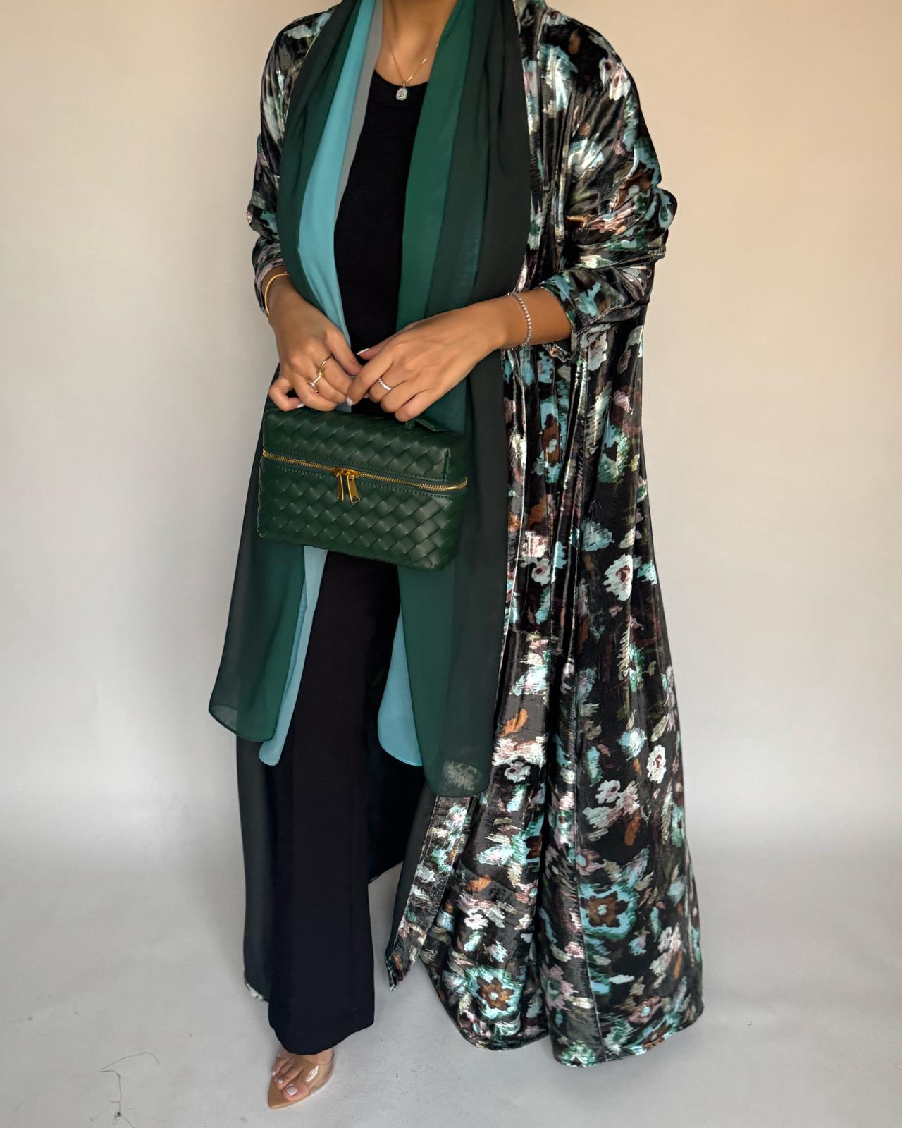 A490 - Green Pattern Velvet Abaya & Ombre Head Scarf