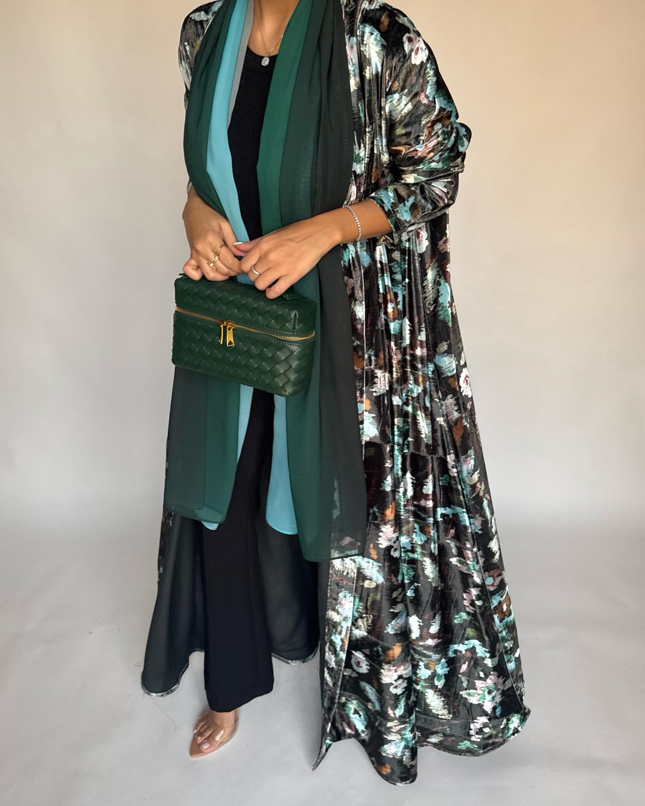 A490 - Green Pattern Velvet Abaya & Ombre Head Scarf