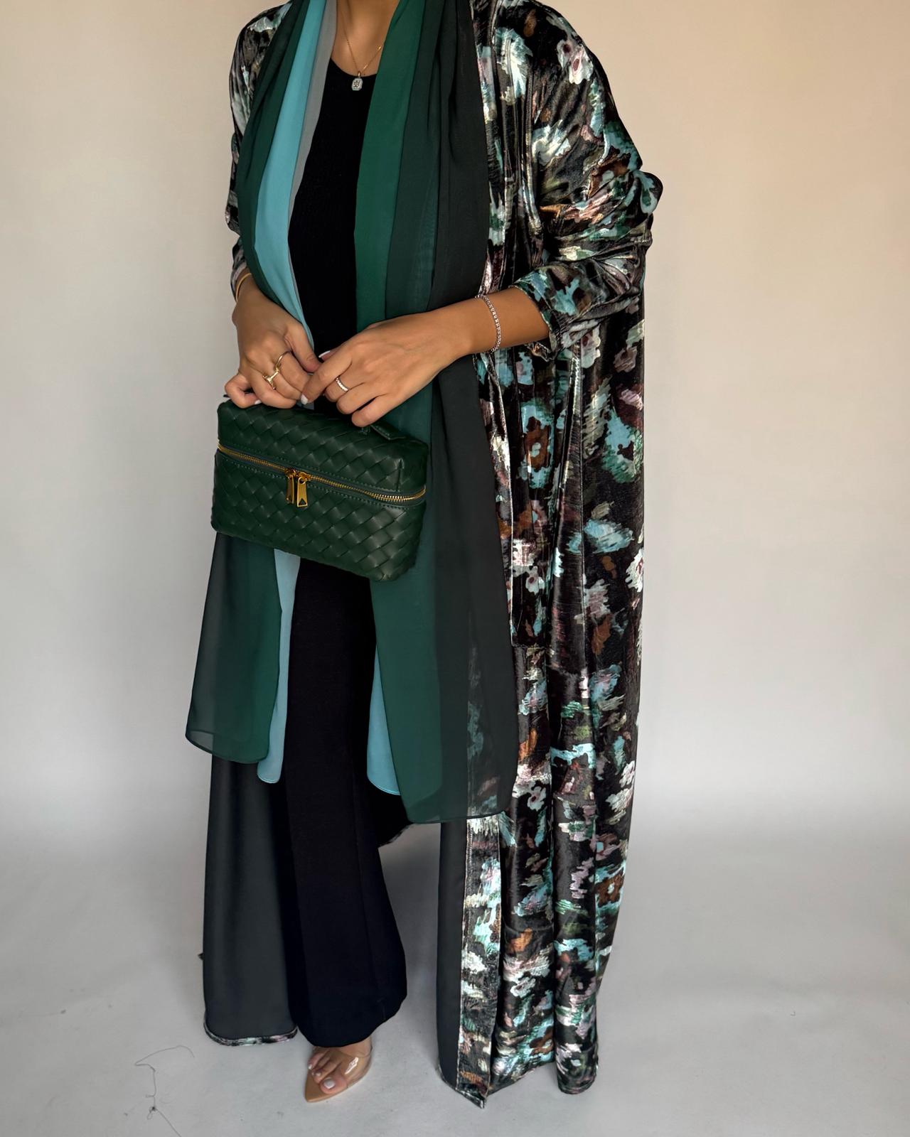 A490 - Green Pattern Velvet Abaya & Ombre Head Scarf