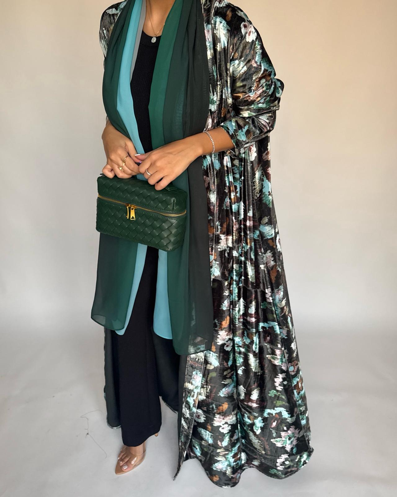 A490 - Green Pattern Velvet Abaya & Ombre Head Scarf