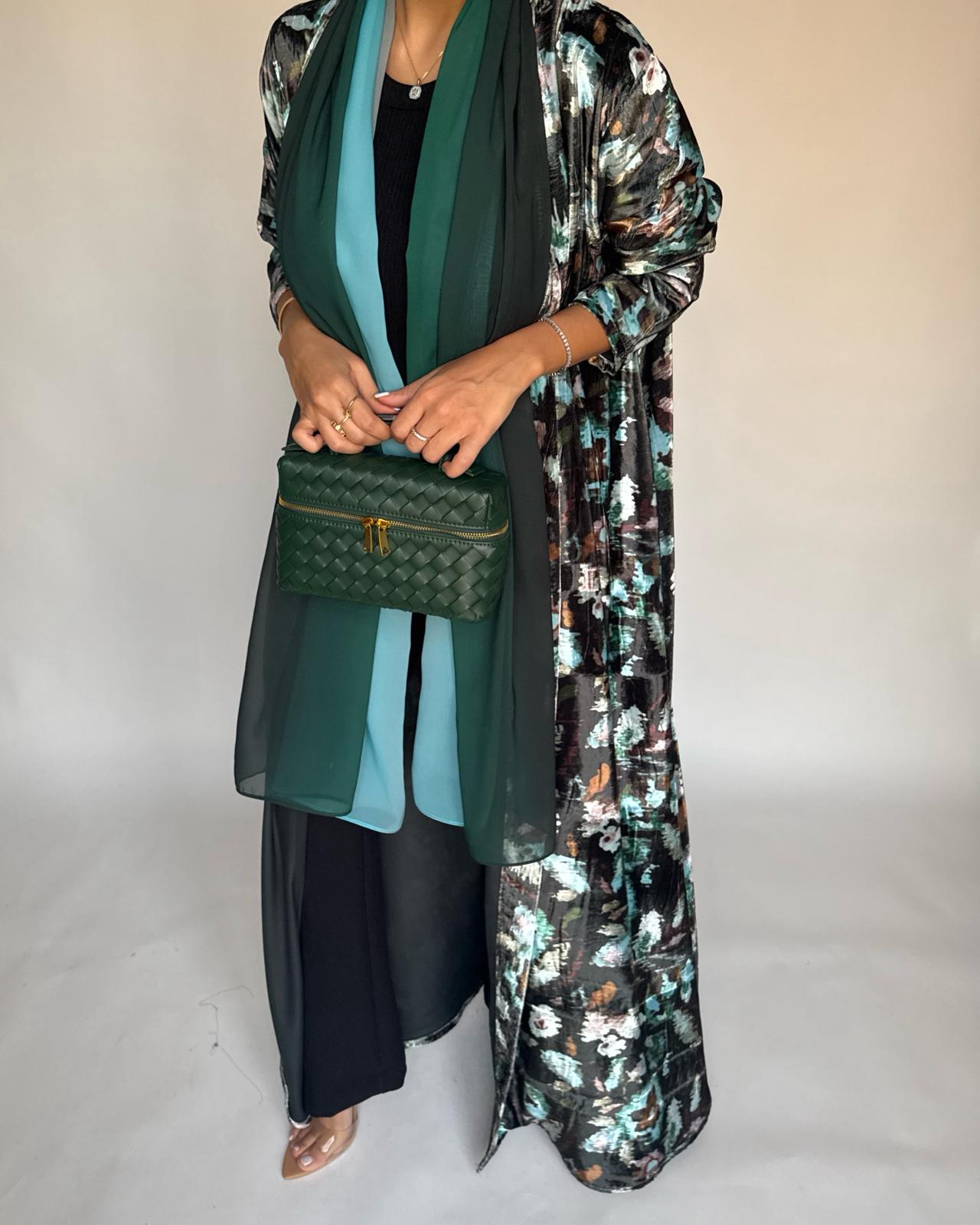 A490 - Green Pattern Velvet Abaya & Ombre Head Scarf