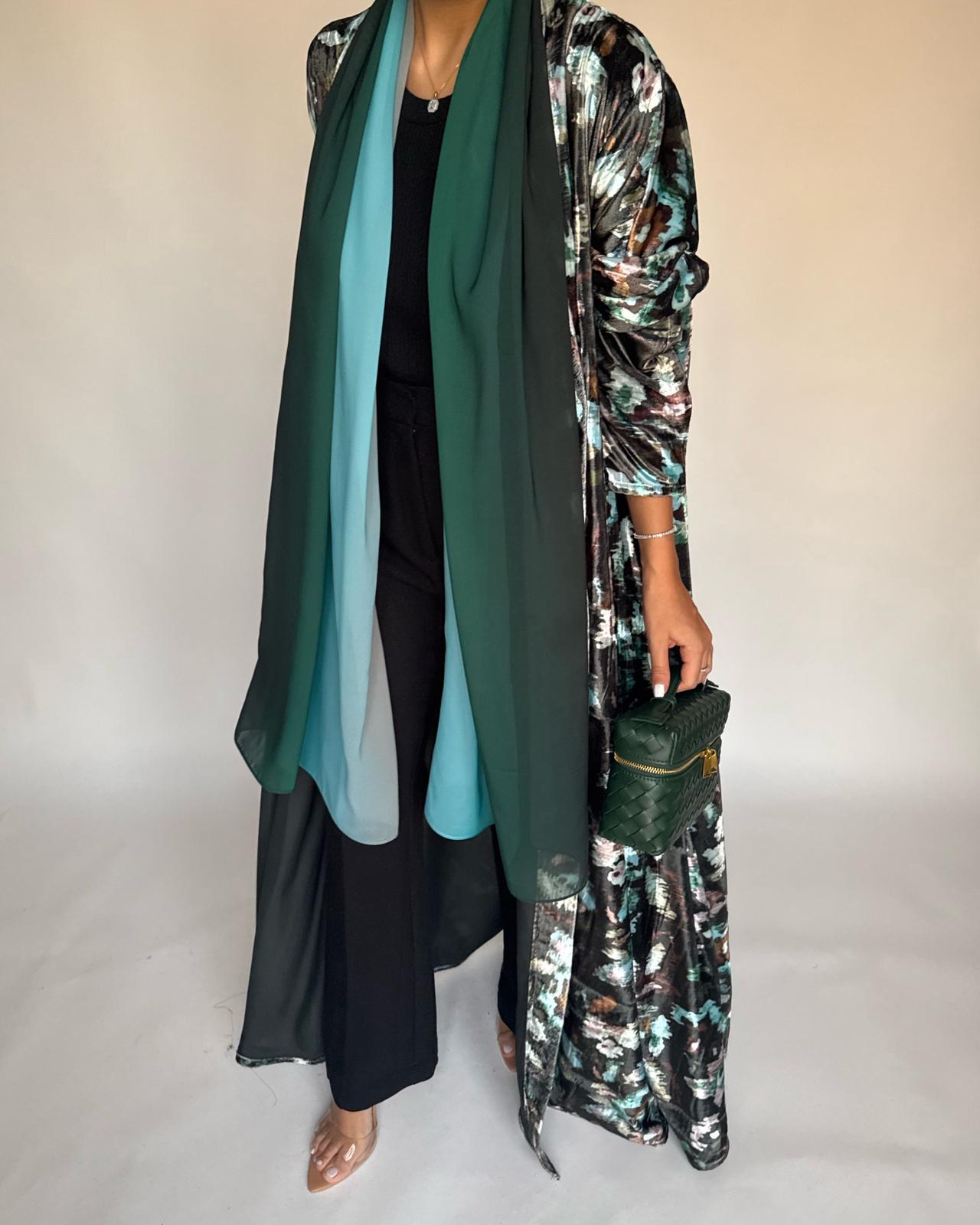A490 - Green Pattern Velvet Abaya & Ombre Head Scarf