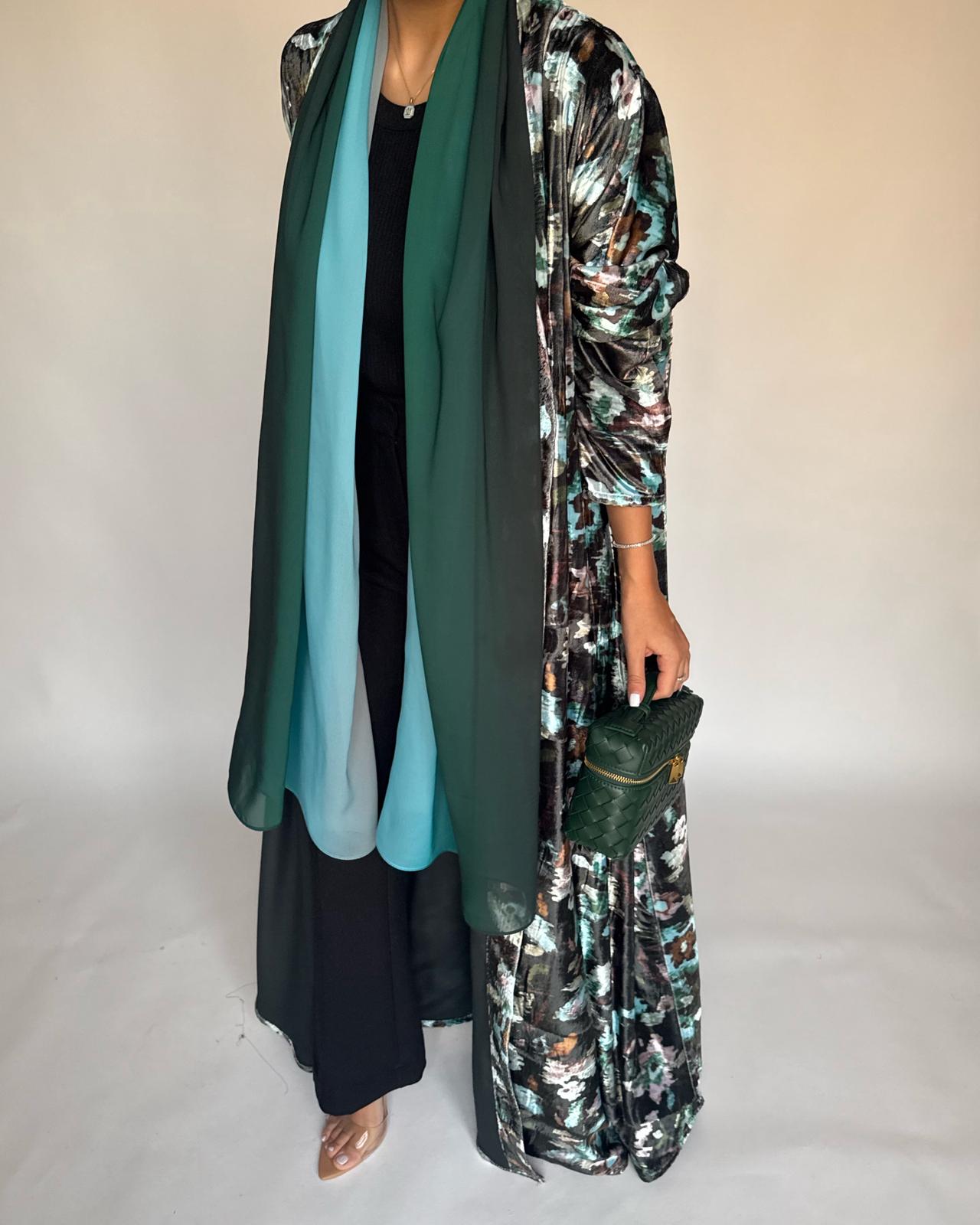 A490 - Green Pattern Velvet Abaya & Ombre Head Scarf