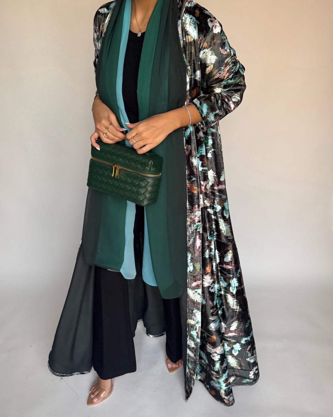 A490 - Green Pattern Velvet Abaya & Ombre Head Scarf
