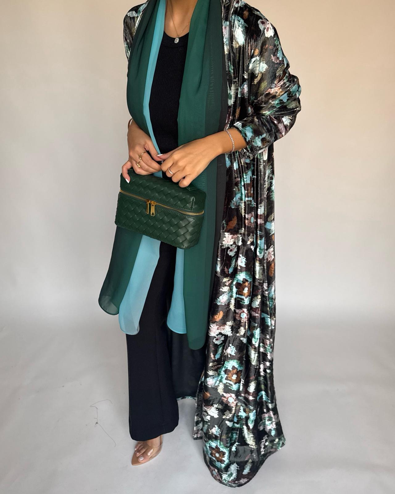 A490 - Green Pattern Velvet Abaya & Ombre Head Scarf