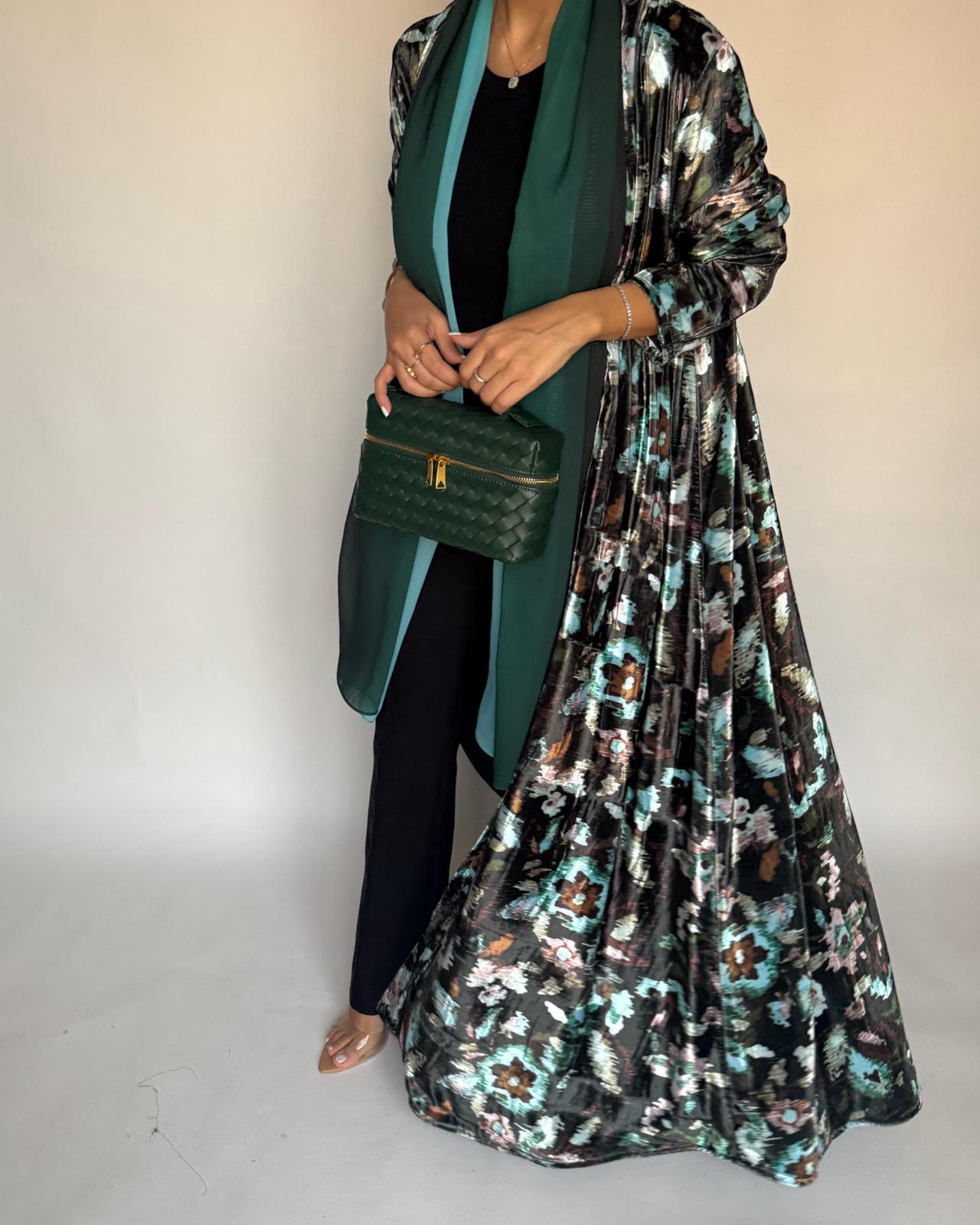 A490 - Green Pattern Velvet Abaya & Ombre Head Scarf
