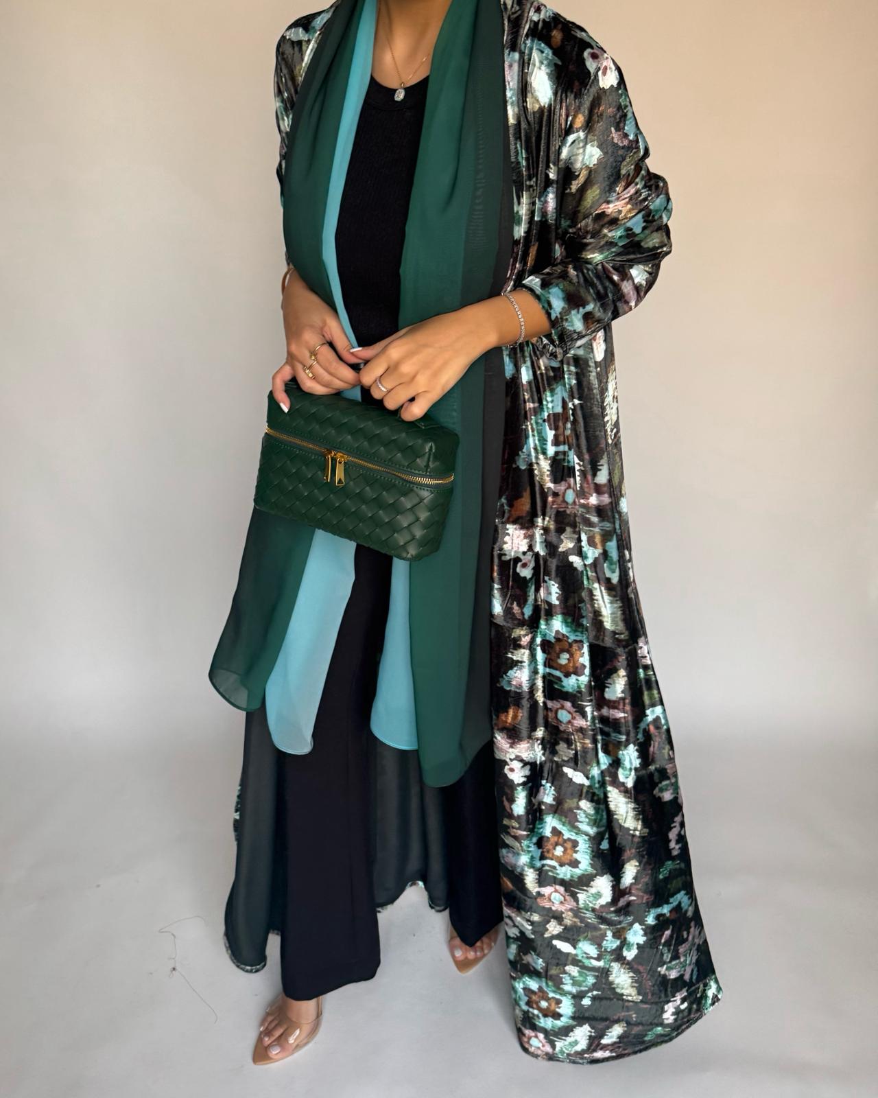 A490 - Green Pattern Velvet Abaya & Ombre Head Scarf