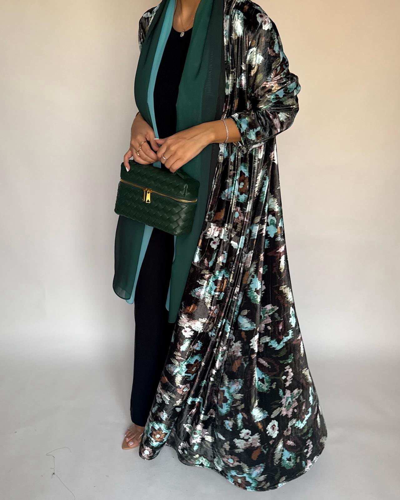 A490 - Green Pattern Velvet Abaya & Ombre Head Scarf