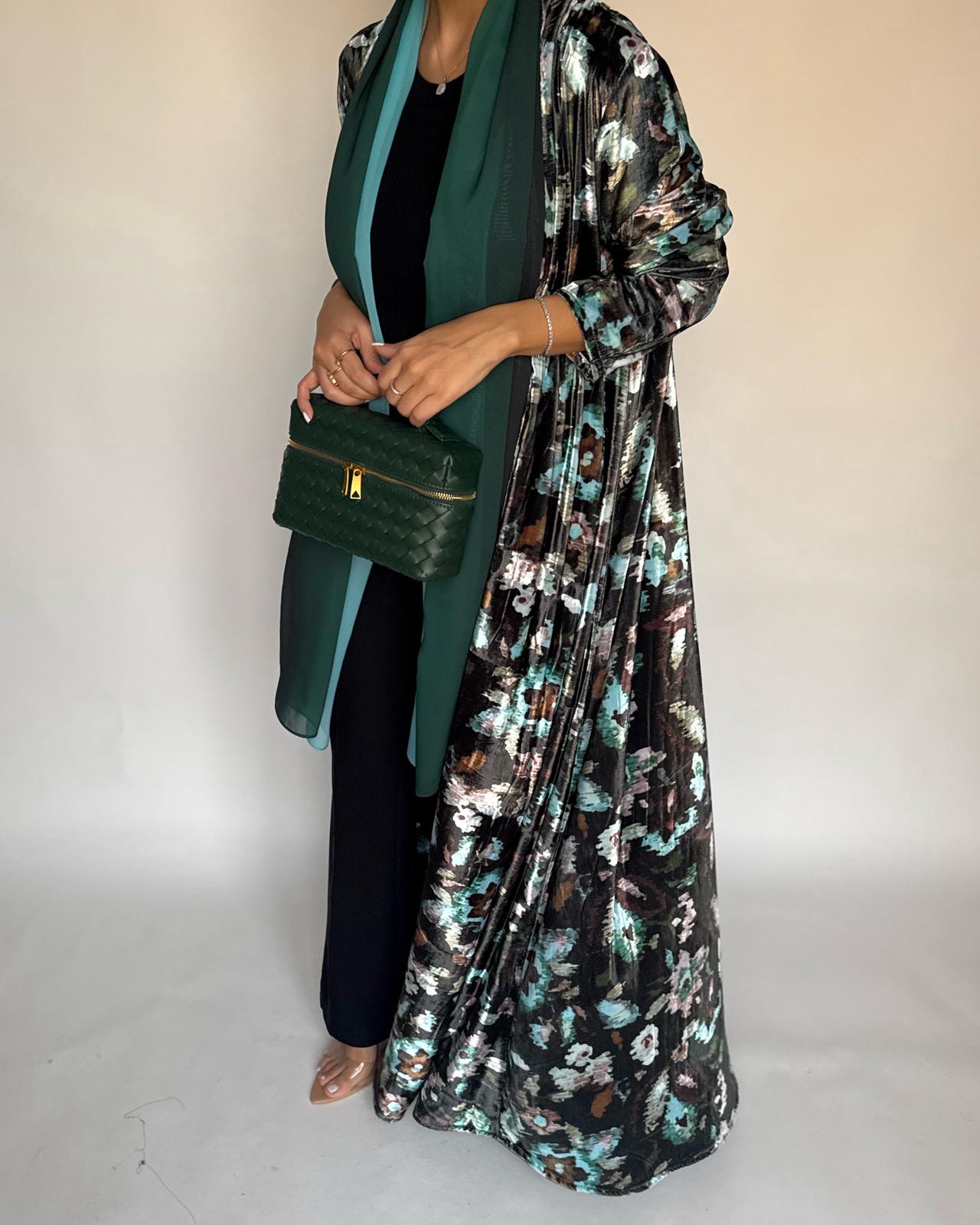 A490 - Green Pattern Velvet Abaya & Ombre Head Scarf