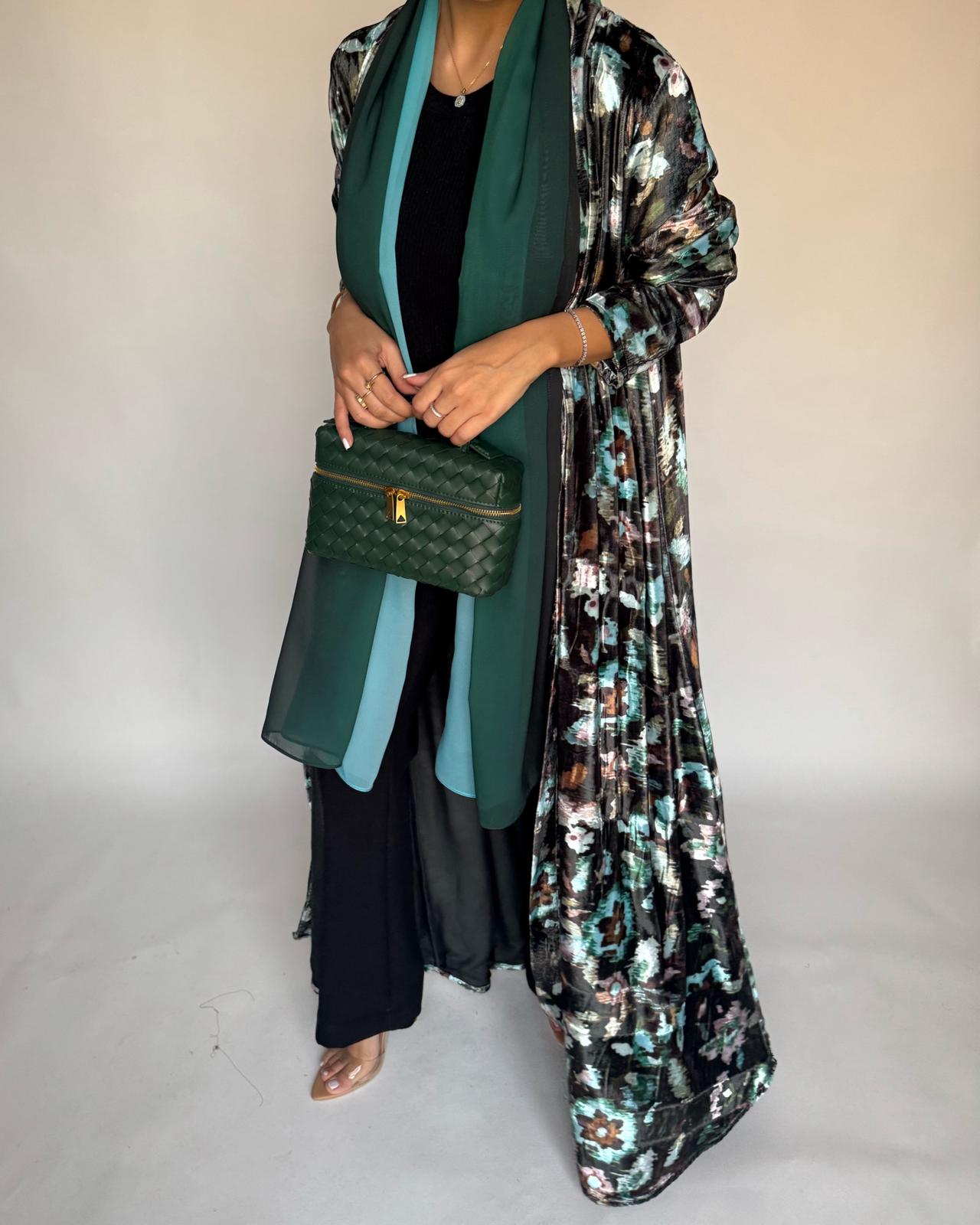 A490 - Green Pattern Velvet Abaya & Ombre Head Scarf