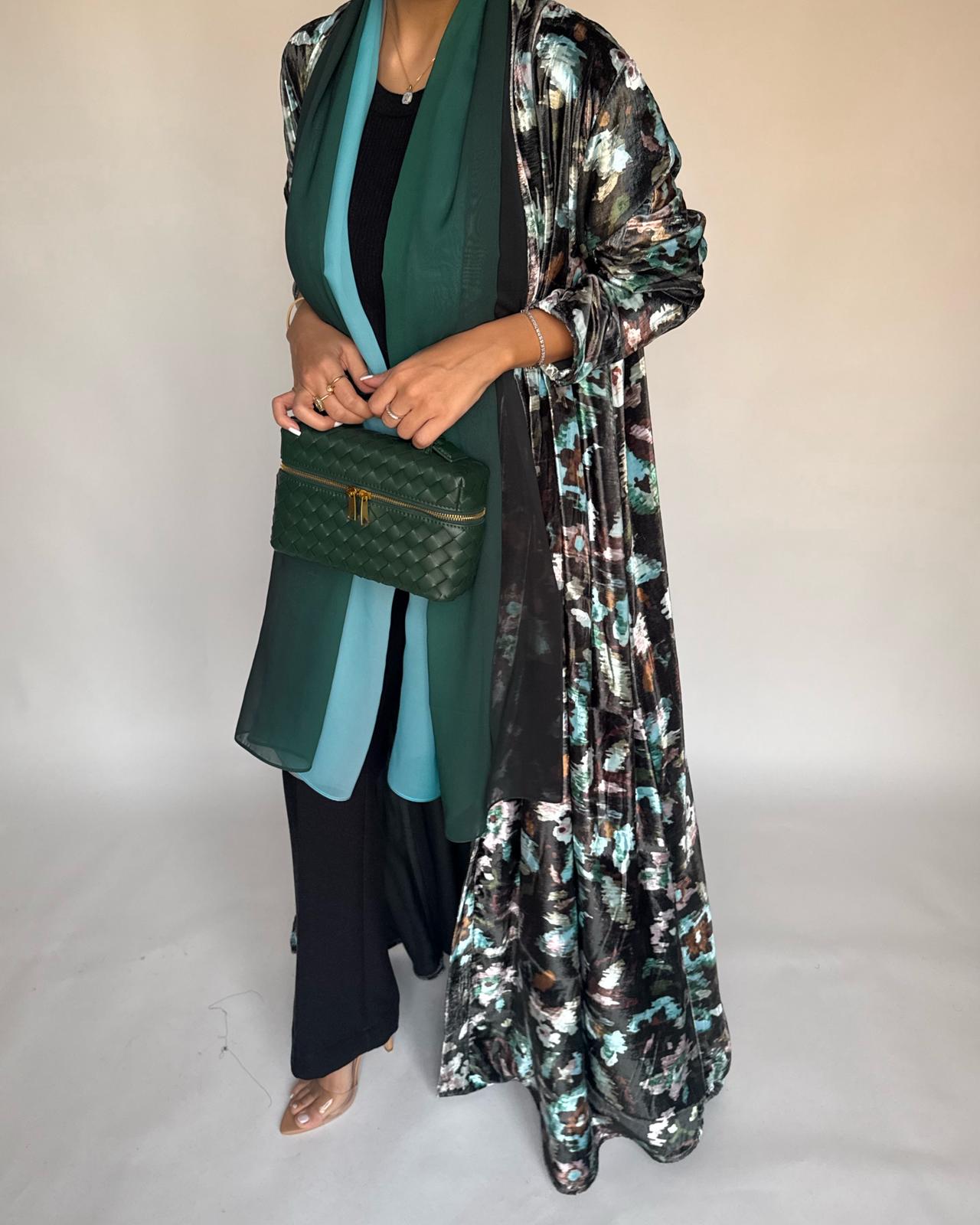 A490 - Green Pattern Velvet Abaya & Ombre Head Scarf