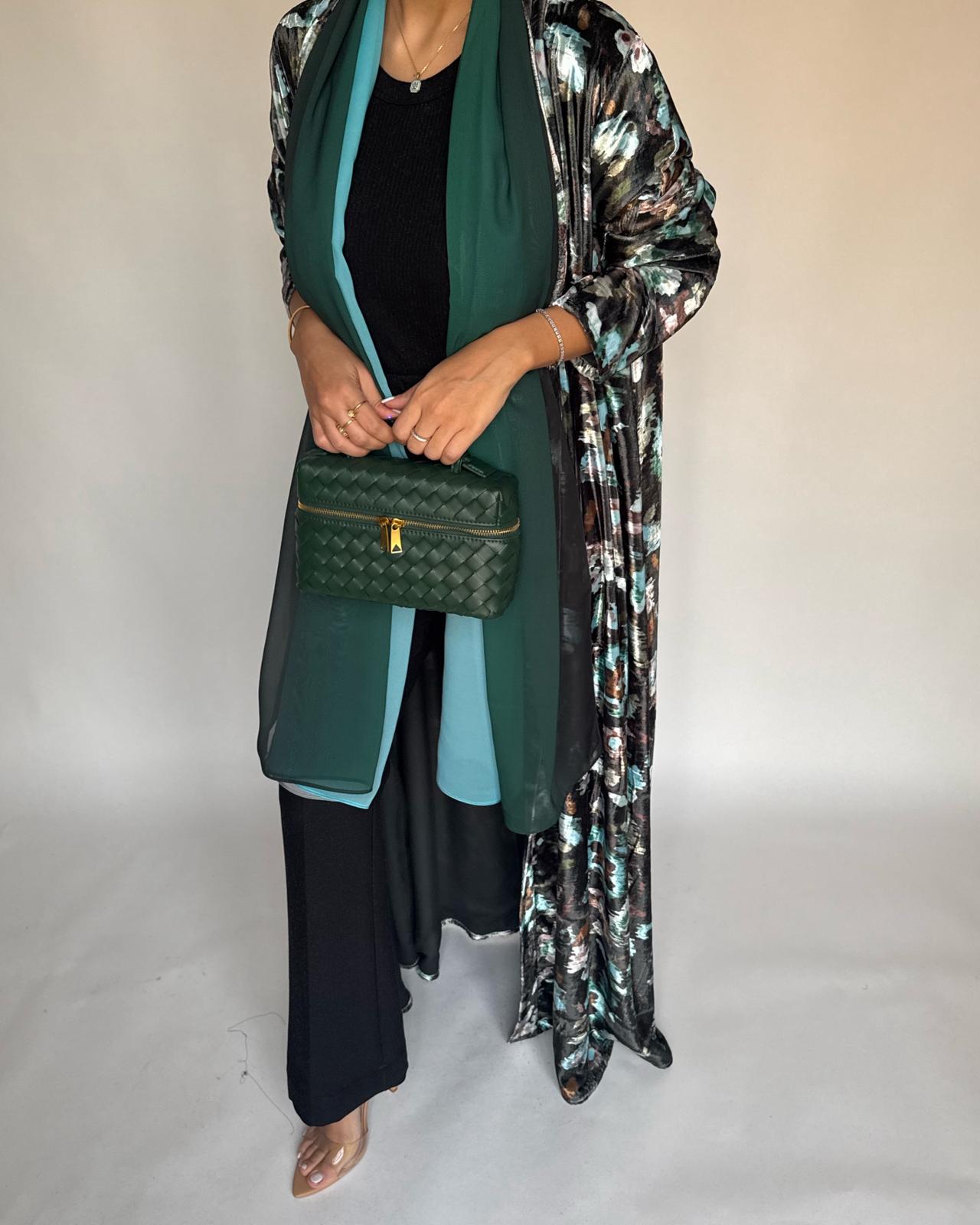 A490 - Green Pattern Velvet Abaya & Ombre Head Scarf