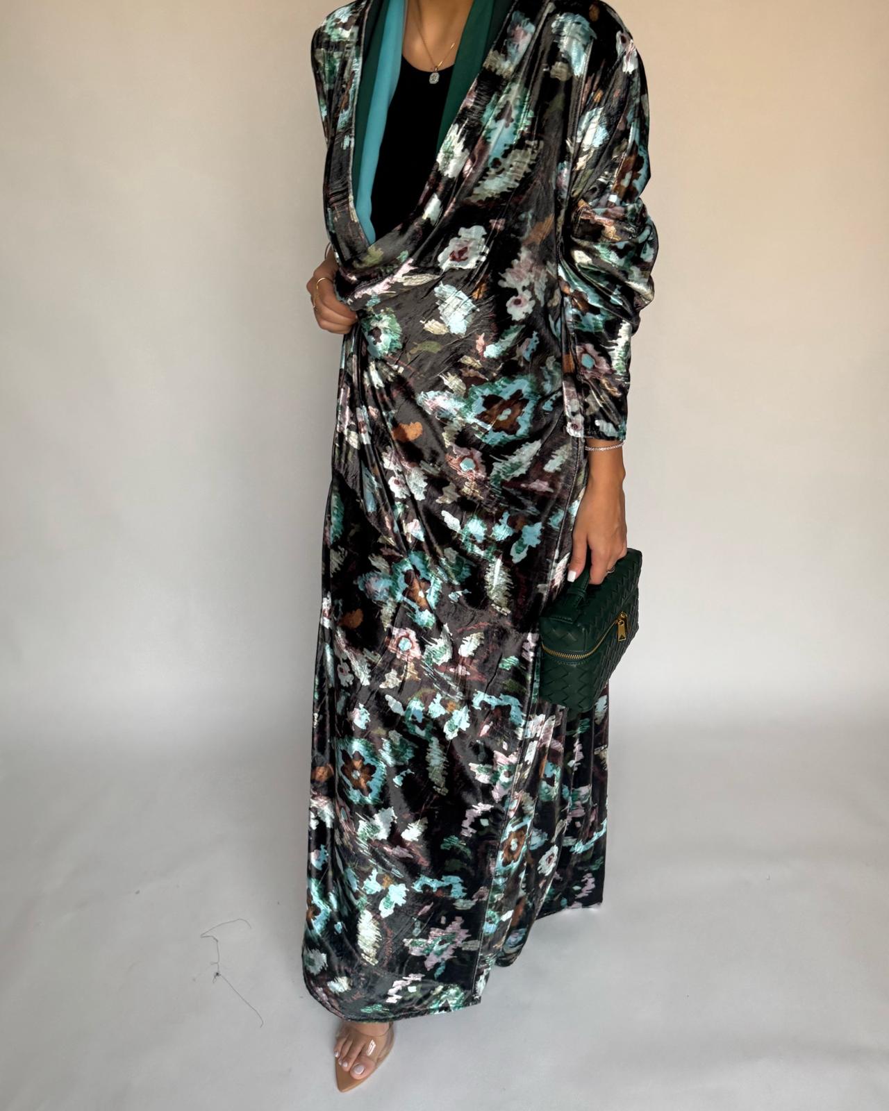 A490 - Green Pattern Velvet Abaya & Ombre Head Scarf