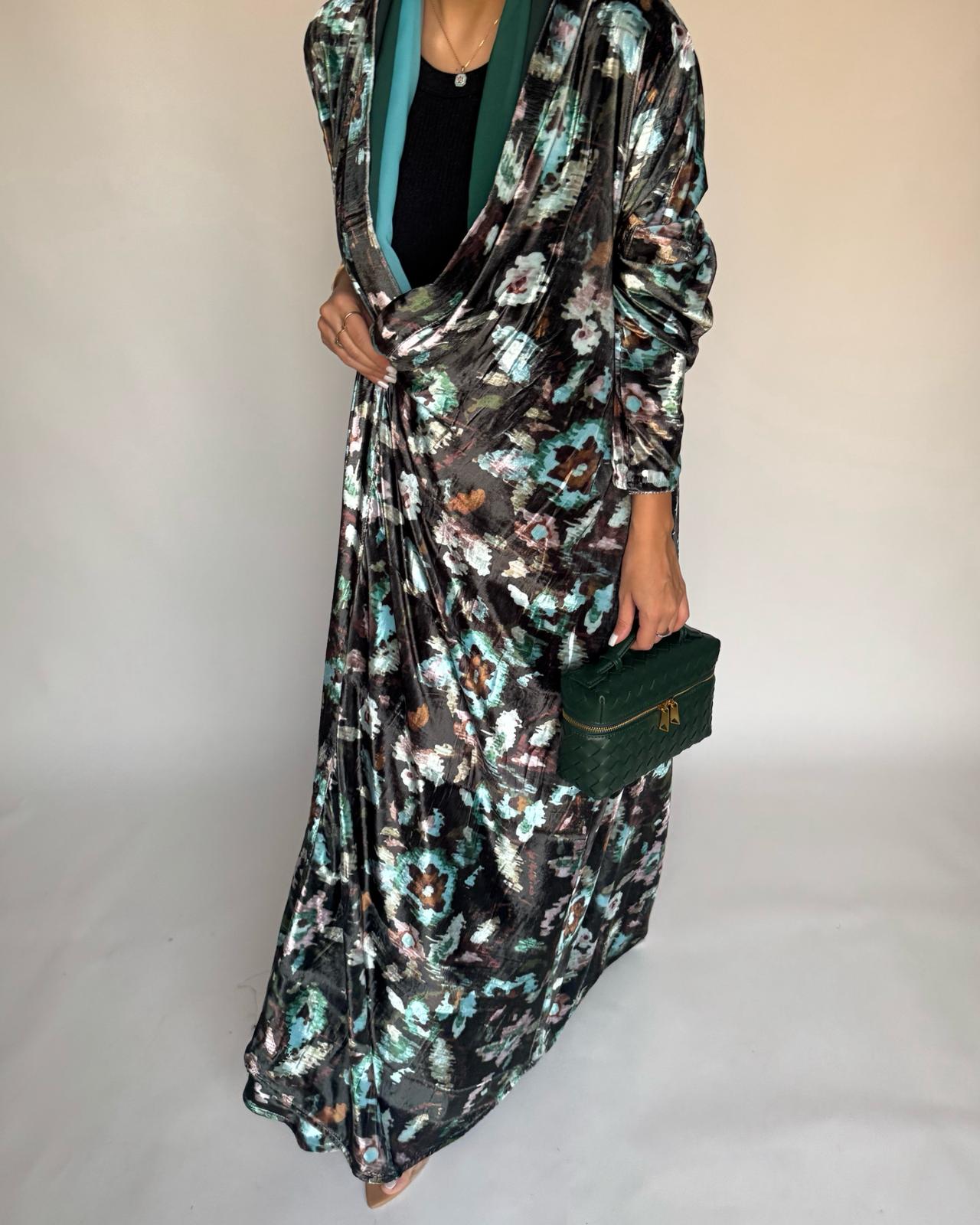 A490 - Green Pattern Velvet Abaya & Ombre Head Scarf