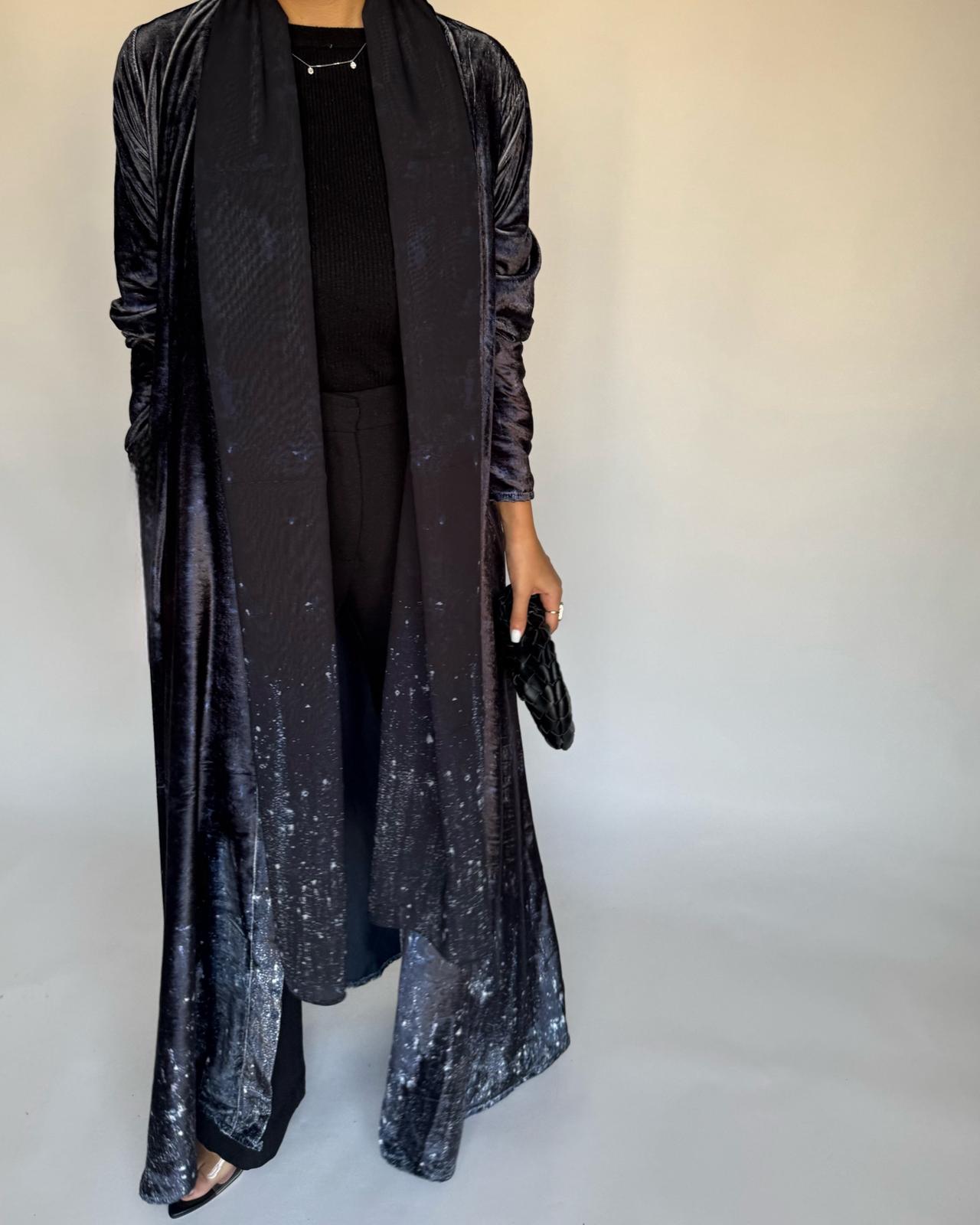 A495 - Galaxy Black Velvet Abaya & Matching Head Scarf