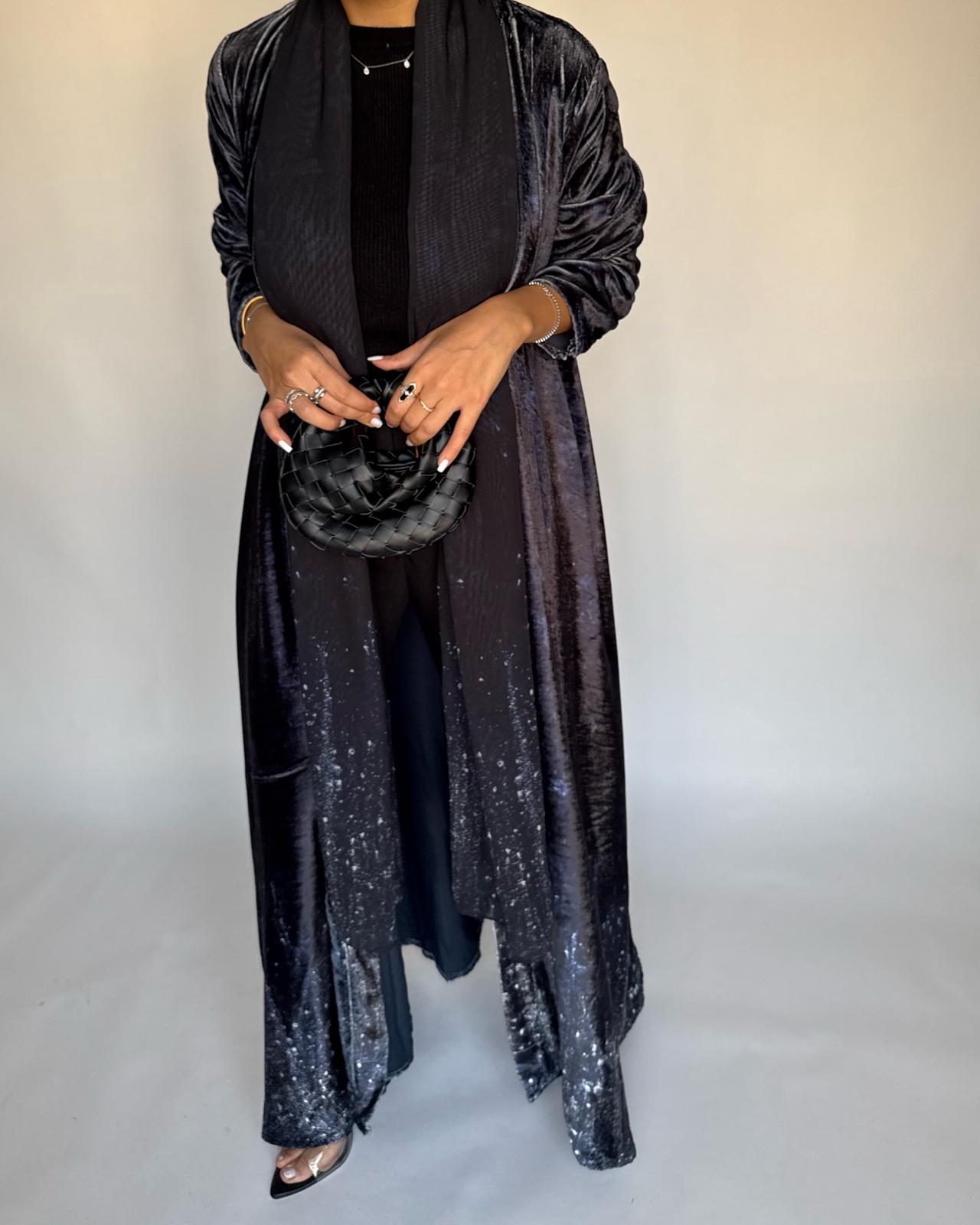 A495 - Galaxy Black Velvet Abaya & Matching Head Scarf