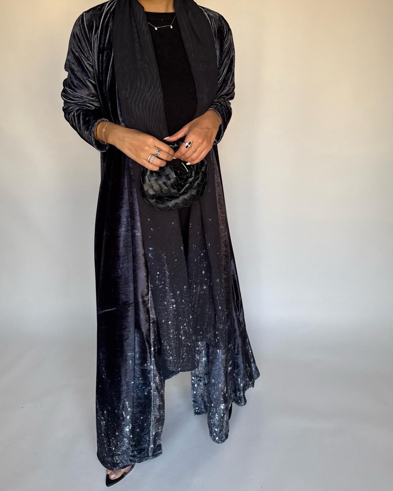 A495 - Galaxy Black Velvet Abaya & Matching Head Scarf