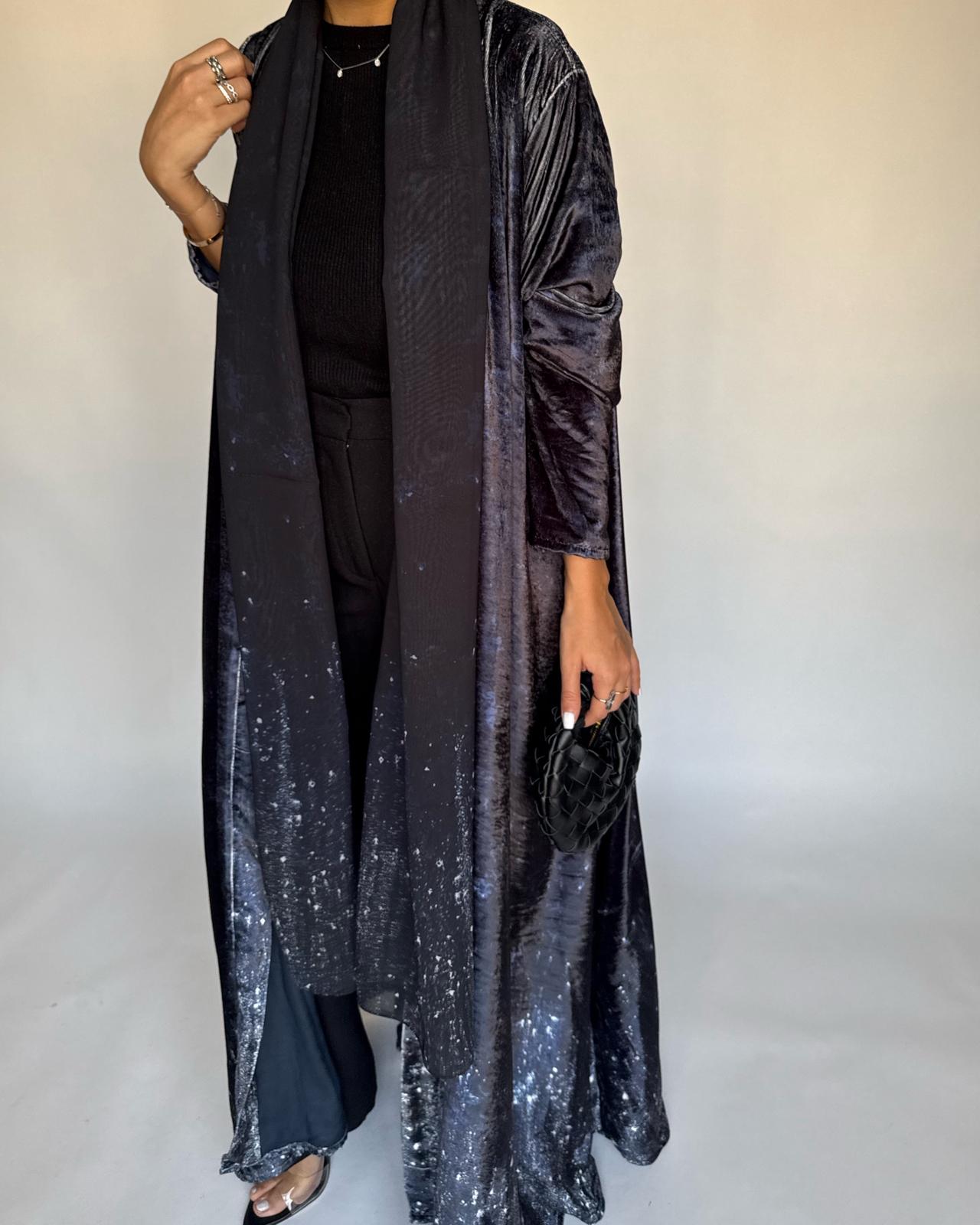 A495 - Galaxy Black Velvet Abaya & Matching Head Scarf