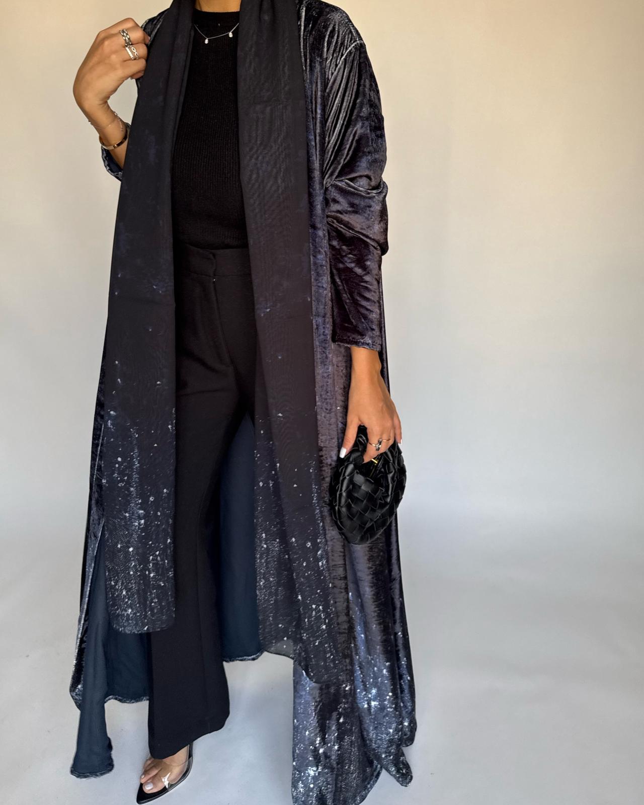 A495 - Galaxy Black Velvet Abaya & Matching Head Scarf