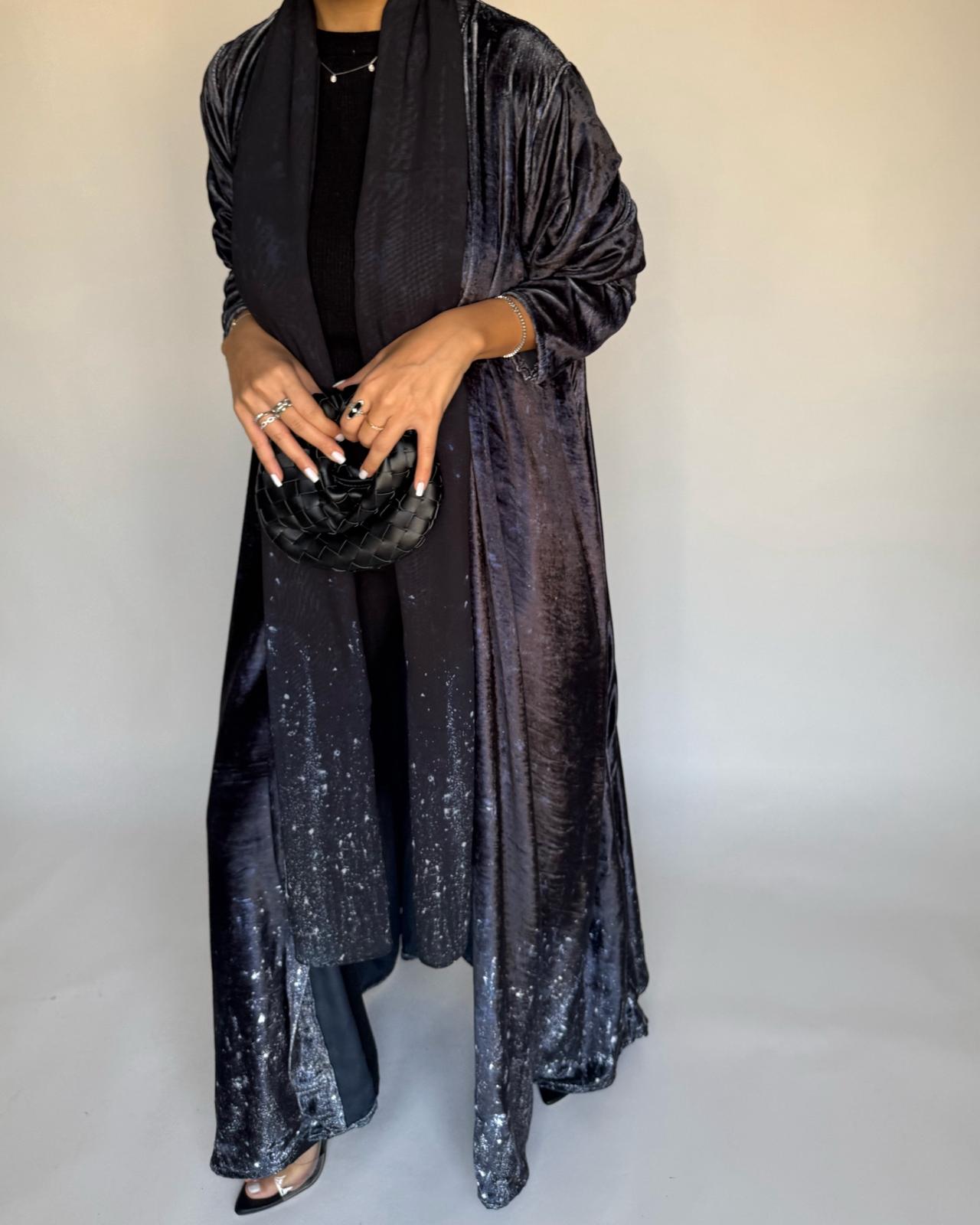 A495 - Galaxy Black Velvet Abaya & Matching Head Scarf