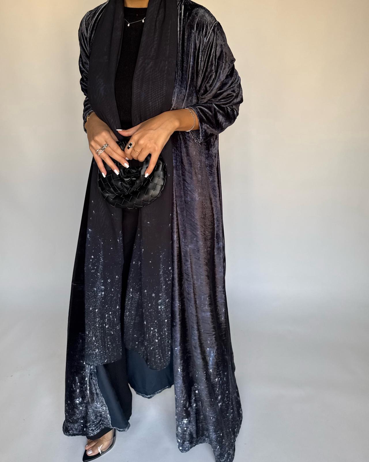 A495 - Galaxy Black Velvet Abaya & Matching Head Scarf