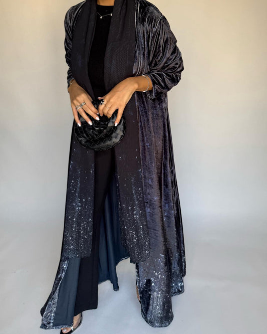 A495 - Galaxy Black Velvet Abaya & Matching Head Scarf