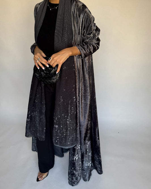 A497 - Galaxy Gray to Black Velvet Abaya & Matching Head Scarf